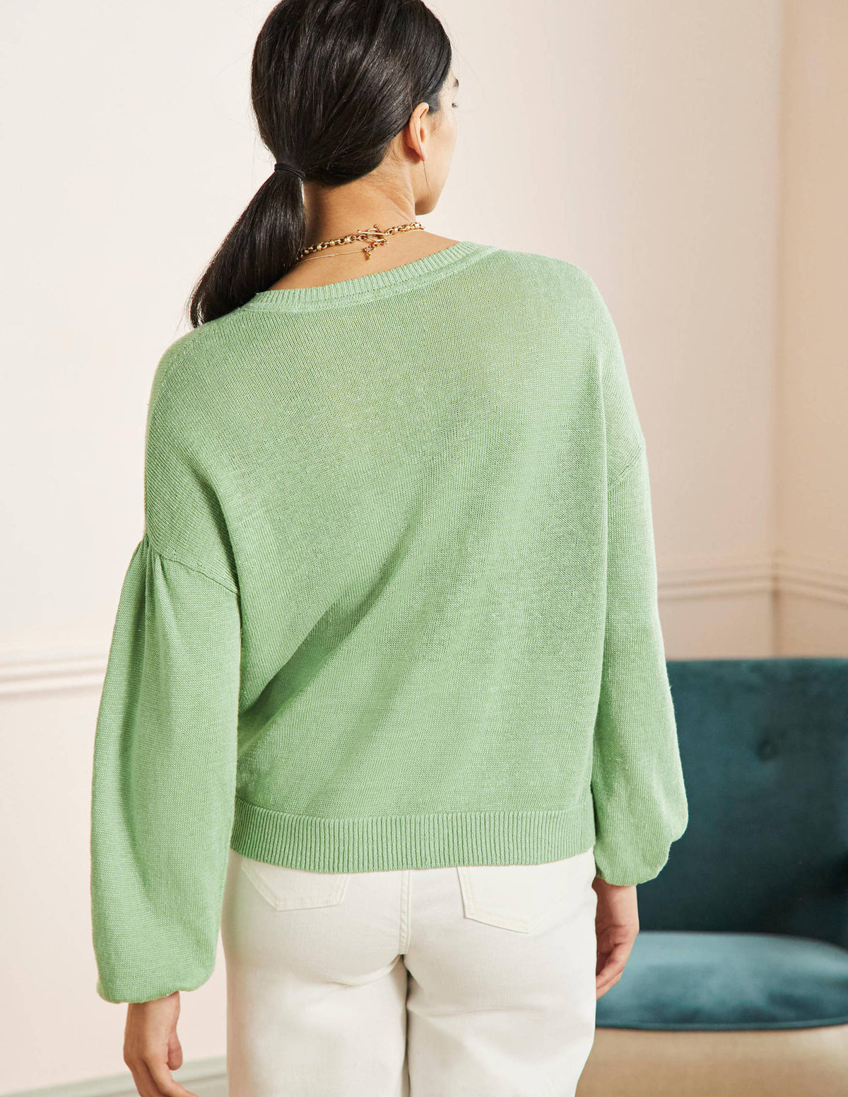Pull à col tunisien Leandra en lin-Basilic - Image 3