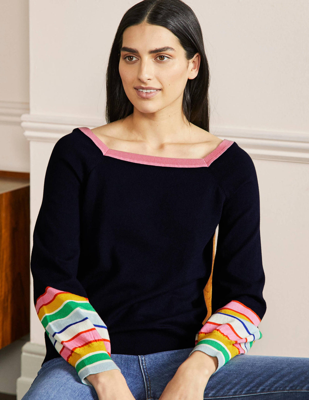 Gestreifter Pullover mit eckigem Ausschnitt-Marineblau-1