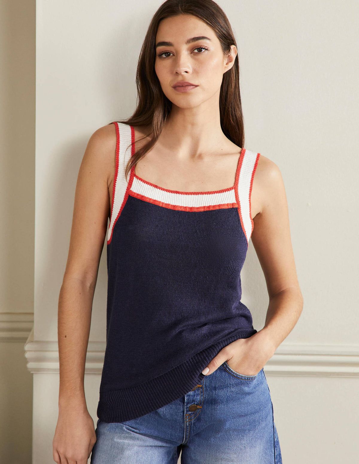 Square Neck Linen Vest-Navy - Image 1