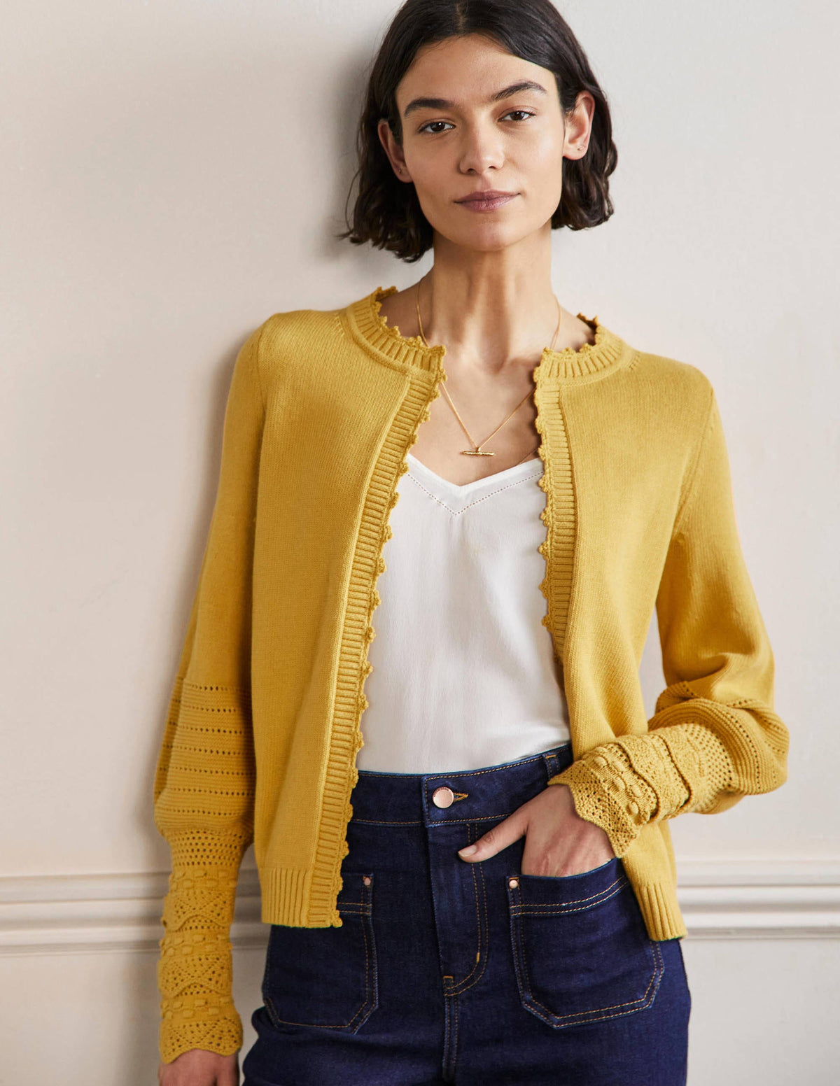 Gilet en maille à manches ornementées-Beurre-1