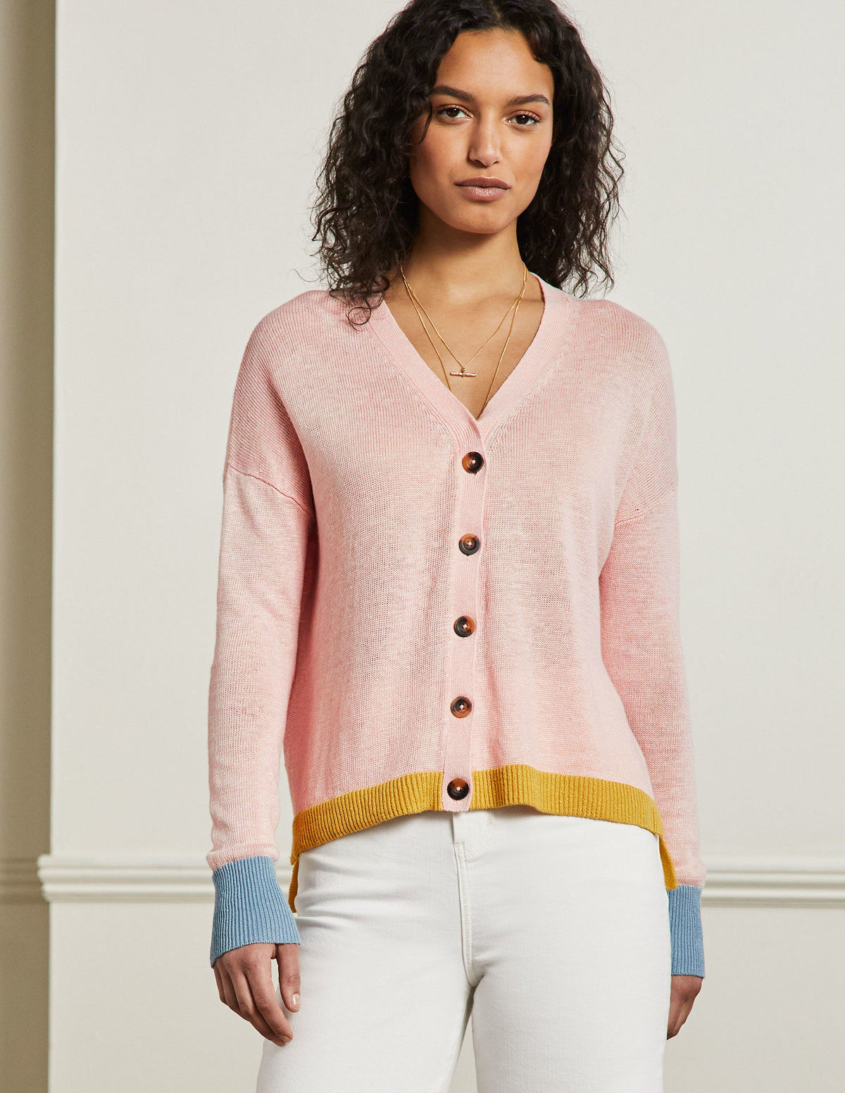Leinen-Cardigan mit Blockfarben-Milchshake, Blockfarben - Image 1