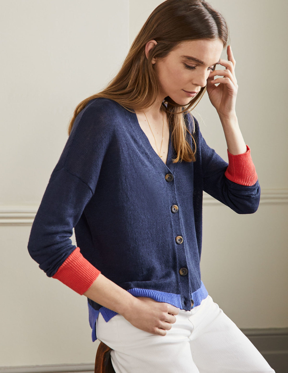 Leinen-Cardigan mit Blockfarben-Navy, Blockfarben - Image 1