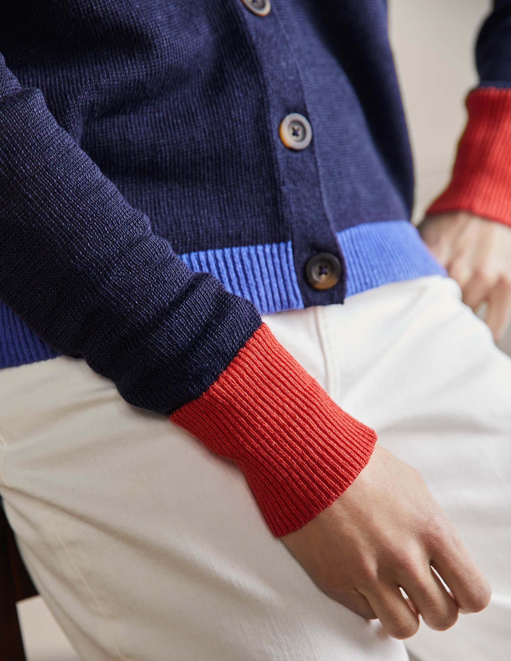 Leinen-Cardigan mit Blockfarben-Navy, Blockfarben-2