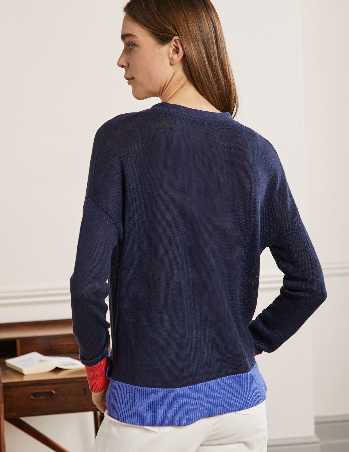 Leinen-Cardigan mit Blockfarben-Navy, Blockfarben - Image 3