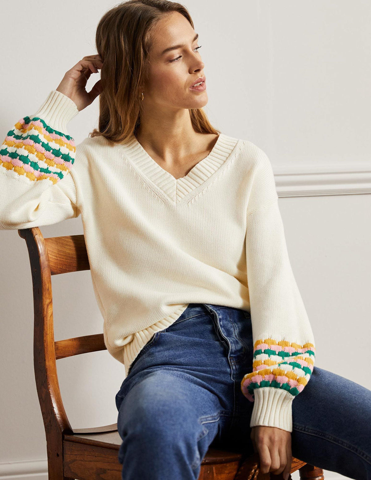 Stitch Cuff V-neck Jumper-Ivory, Stripe - Image 5