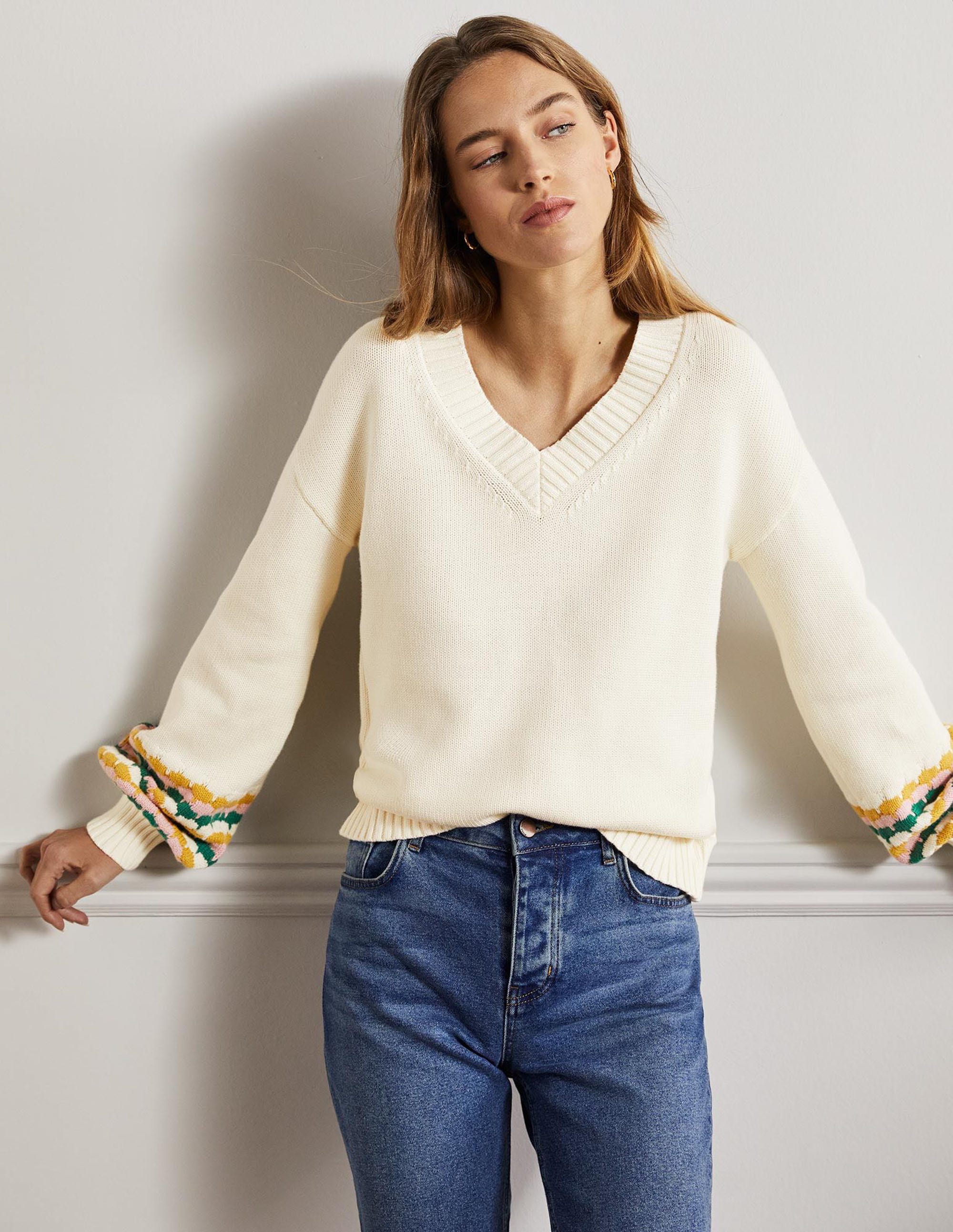 Stitch Cuff V-neck Jumper-Ivory, Stripe - Image 7