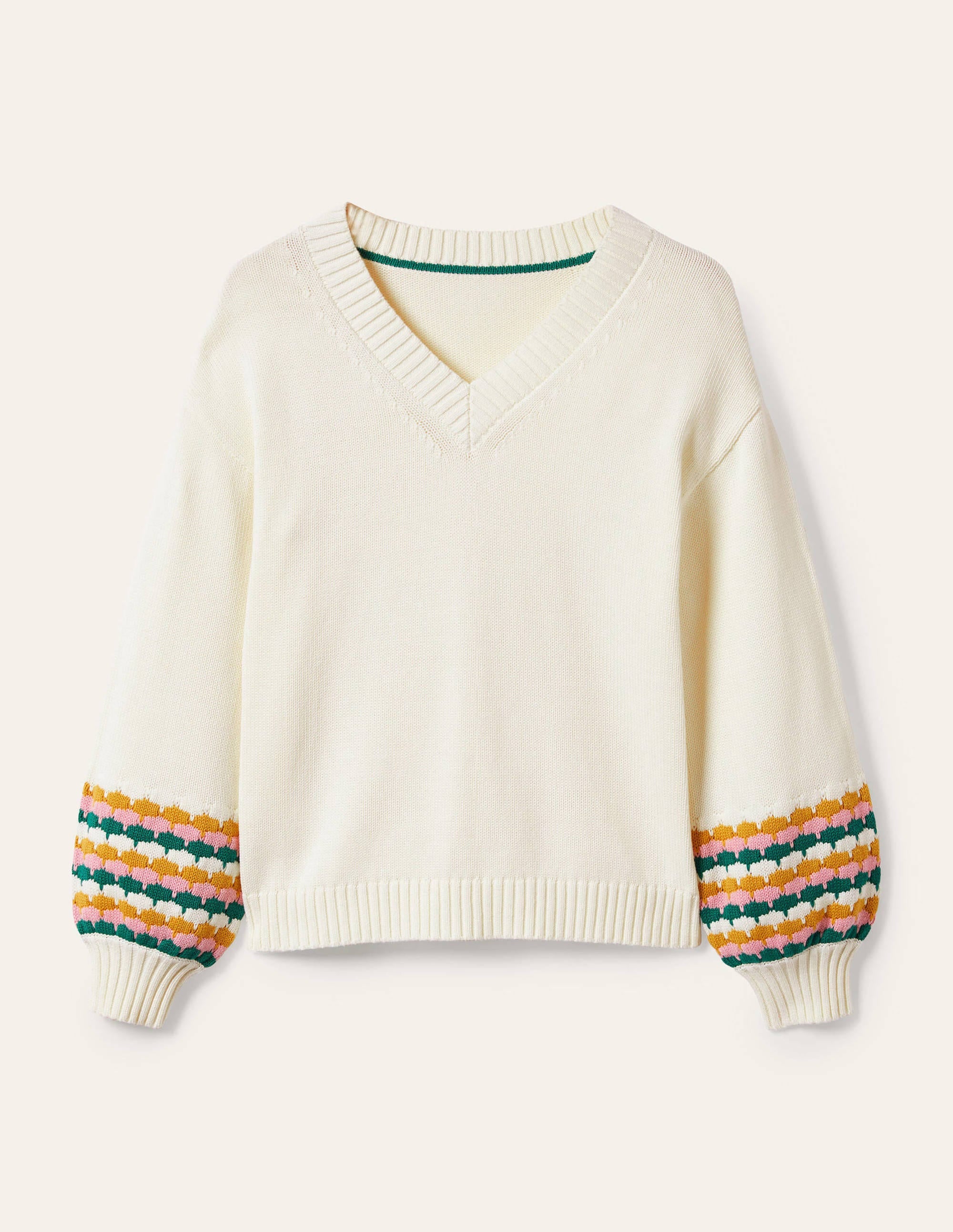 Stitch Cuff V-neck Jumper-Ivory, Stripe - Image 8