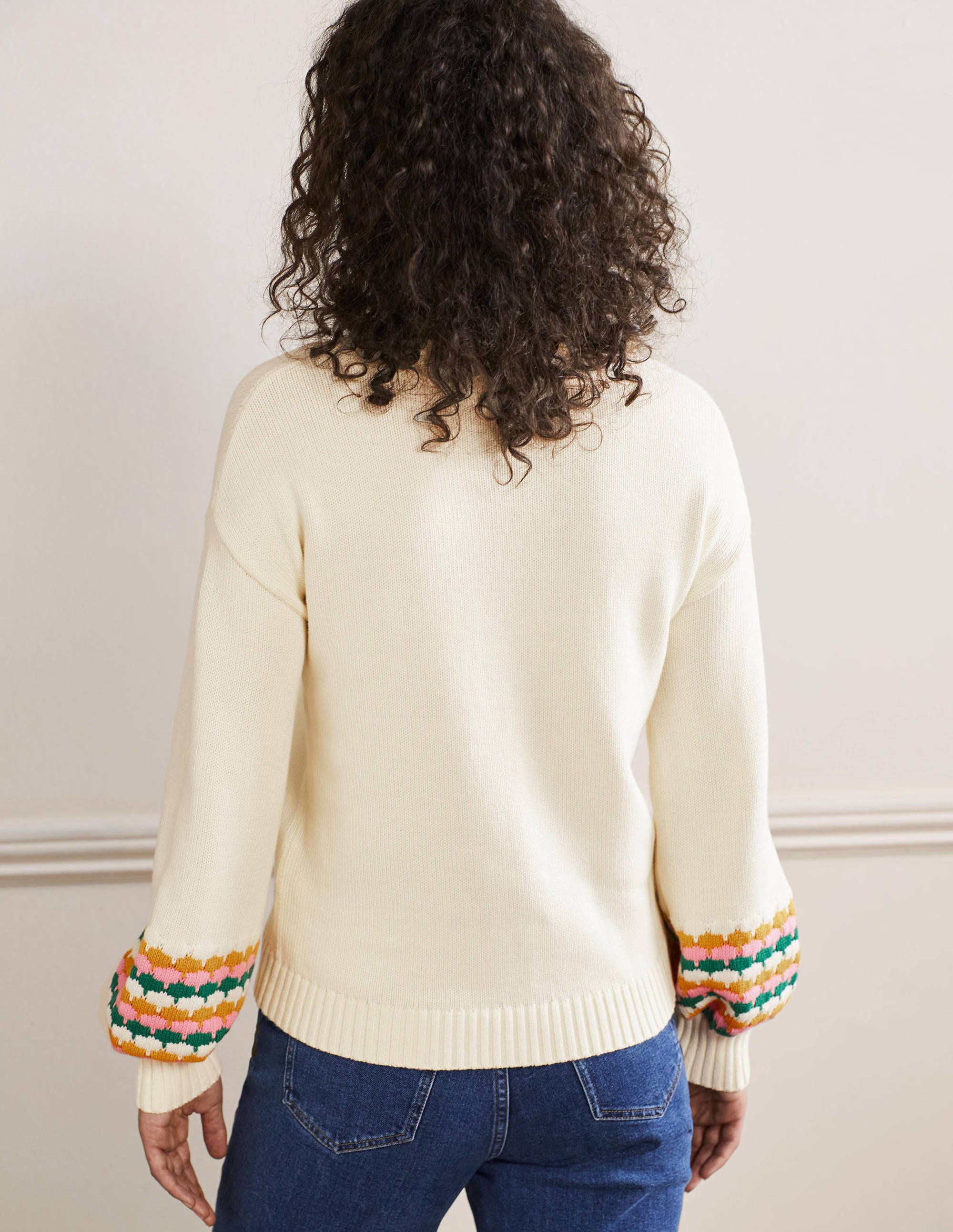 Stitch Cuff V-neck Jumper-Ivory, Stripe - Image 3