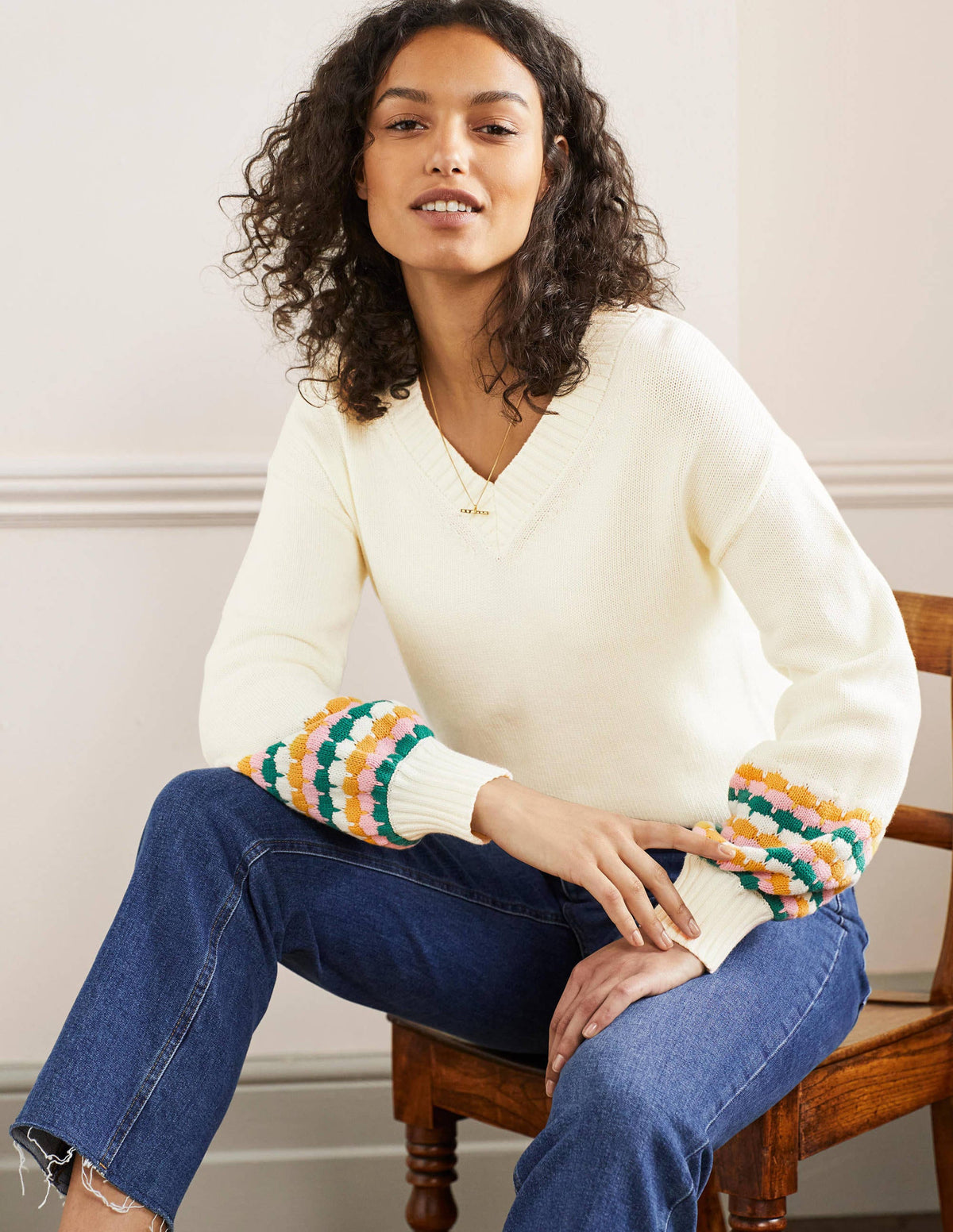 Stitch Cuff V-neck Jumper-Ivory, Stripe - Image 4