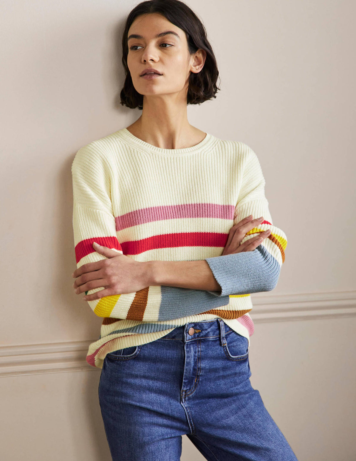 Gestreifter Pullover mit weiten Ärmeln-Naturweiß, Regenbogenstreifen-1