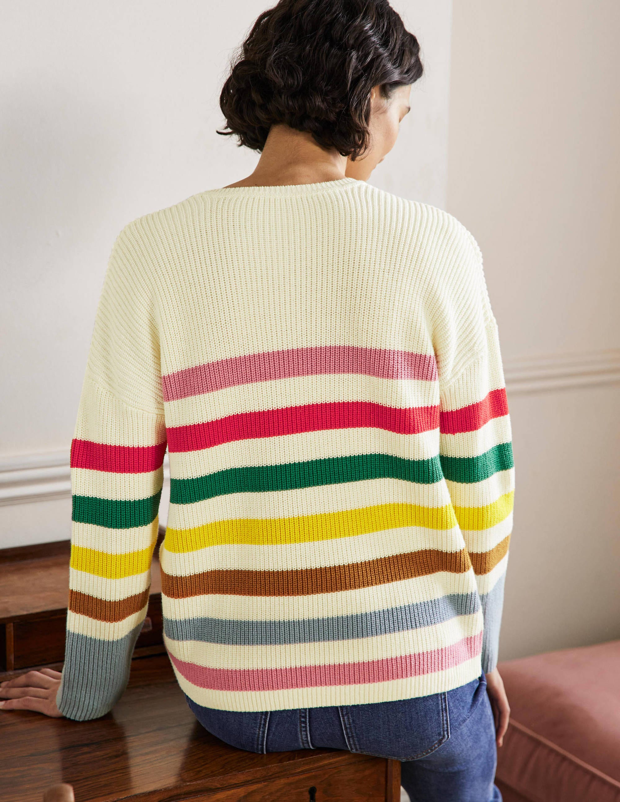 Gestreifter Pullover mit weiten Ärmeln-Naturweiß, Regenbogenstreifen - Image 3