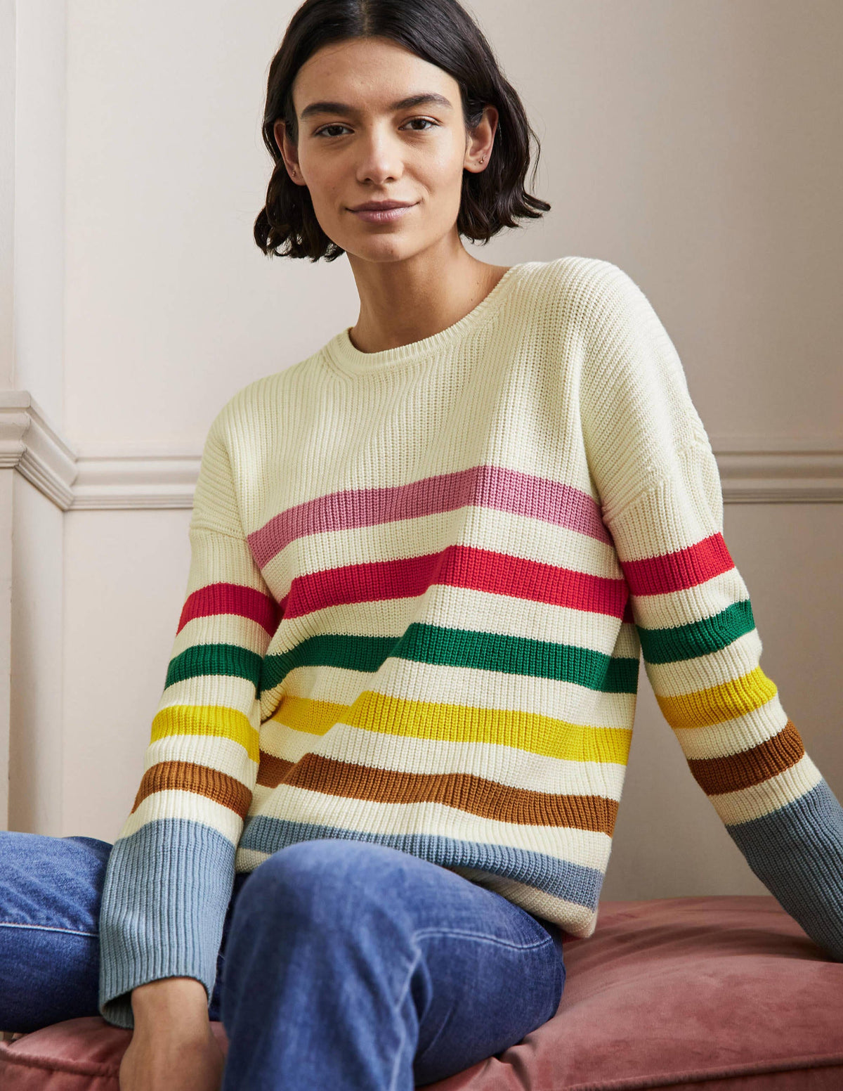Gestreifter Pullover mit weiten Ärmeln-Naturweiß, Regenbogenstreifen - Image 4