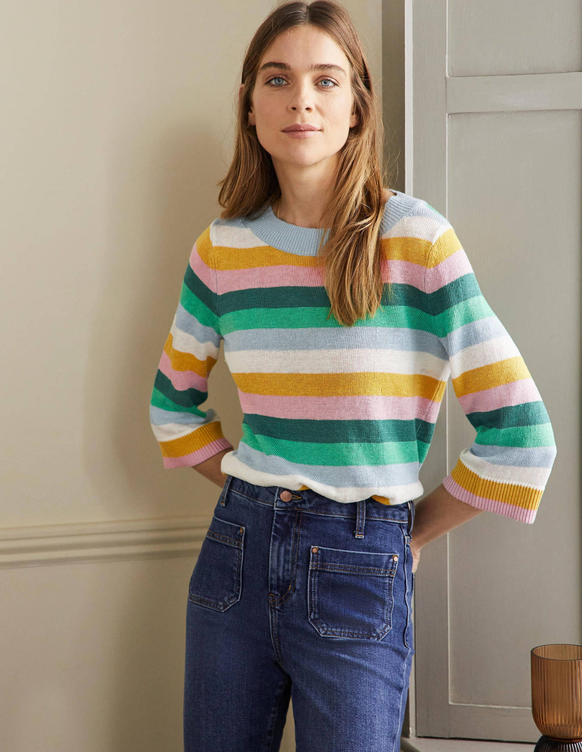 Oversize-Pullover aus Leinen-Waldgrün/Grün, Regenbogenstreifen - Image 4