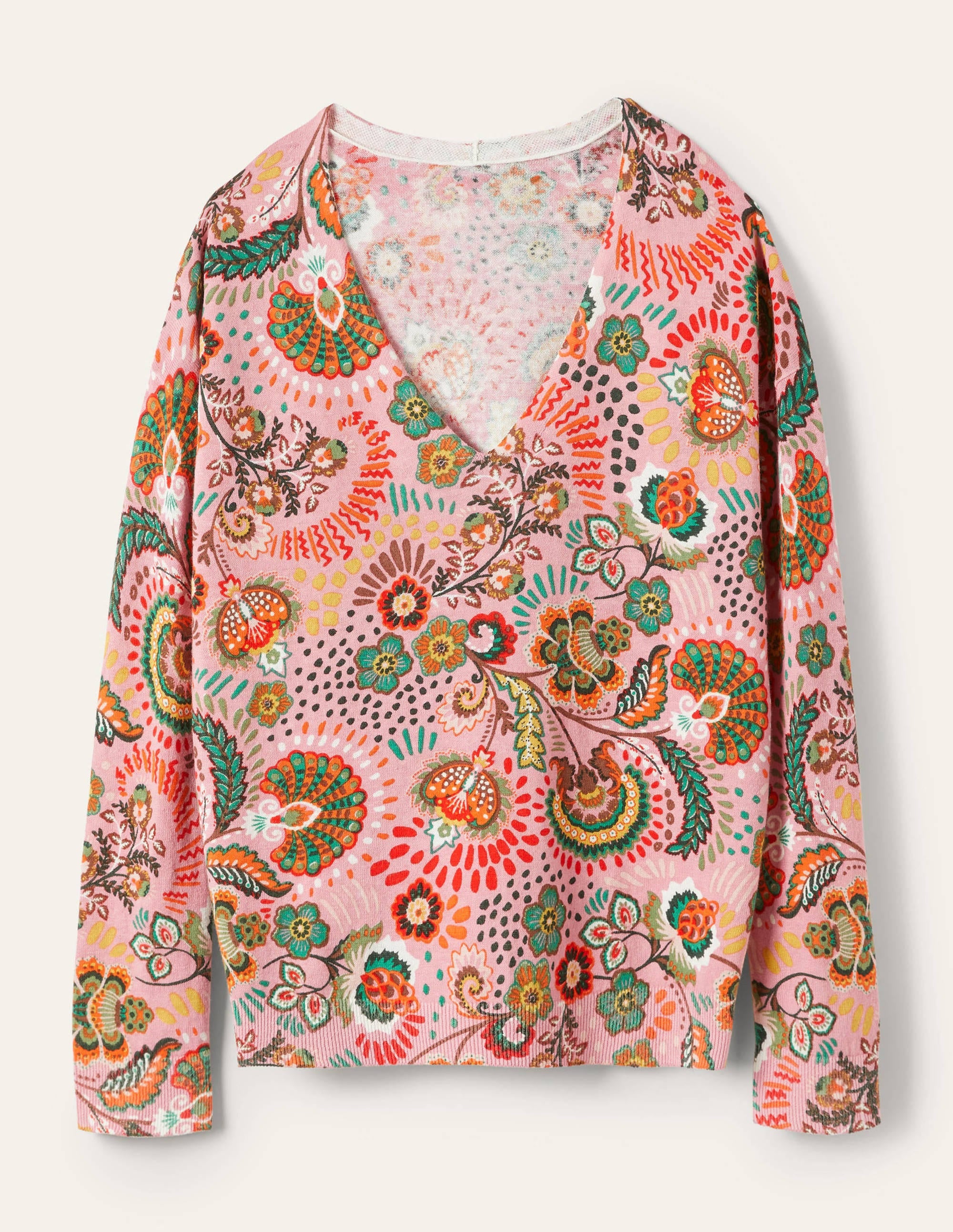 Lockerer gemusterter Pullover mit V-Ausschnitt-Kirschblütenrosa, Wiese - Image 5