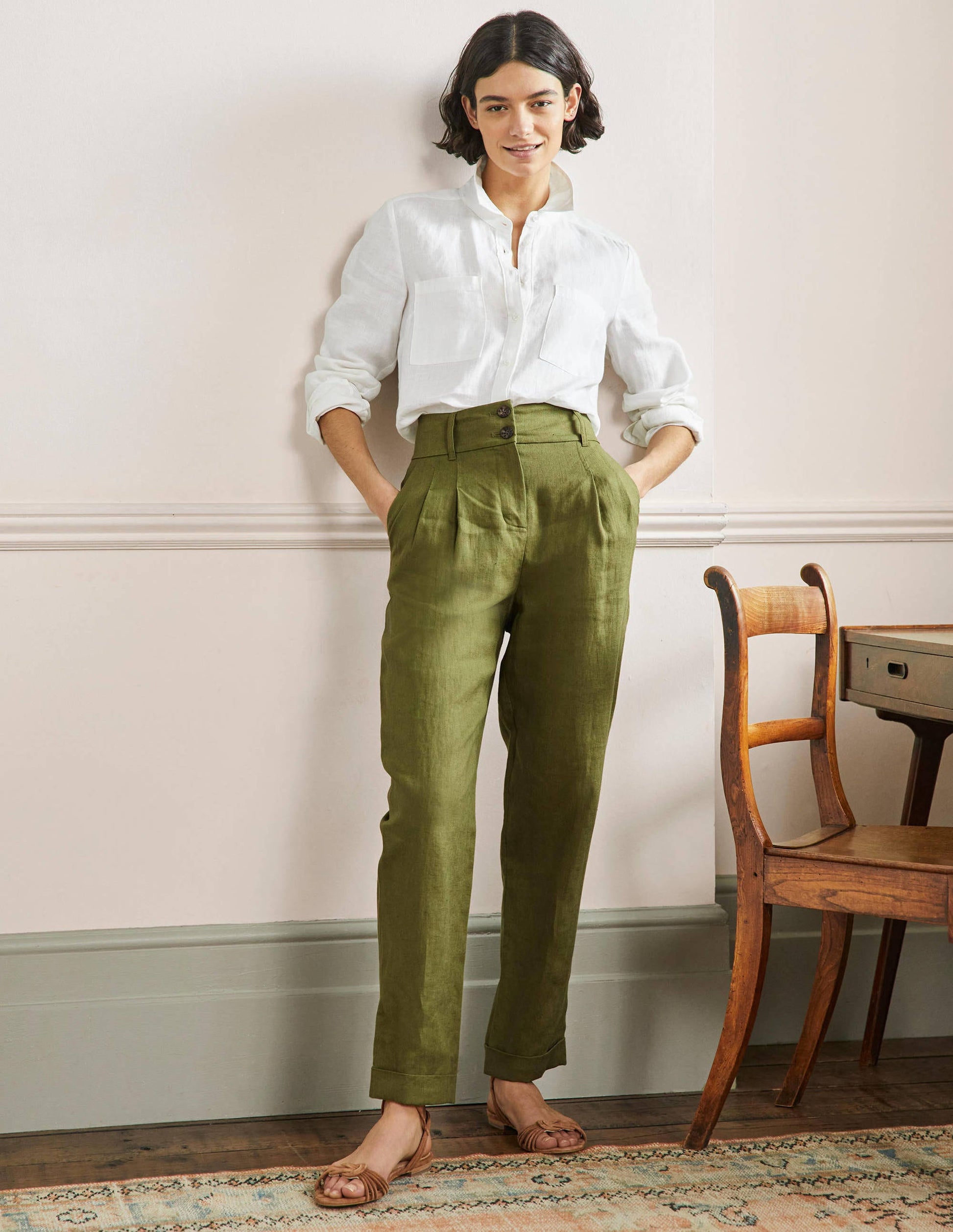 Pantalon à revers en lin-Vert petit pois-1