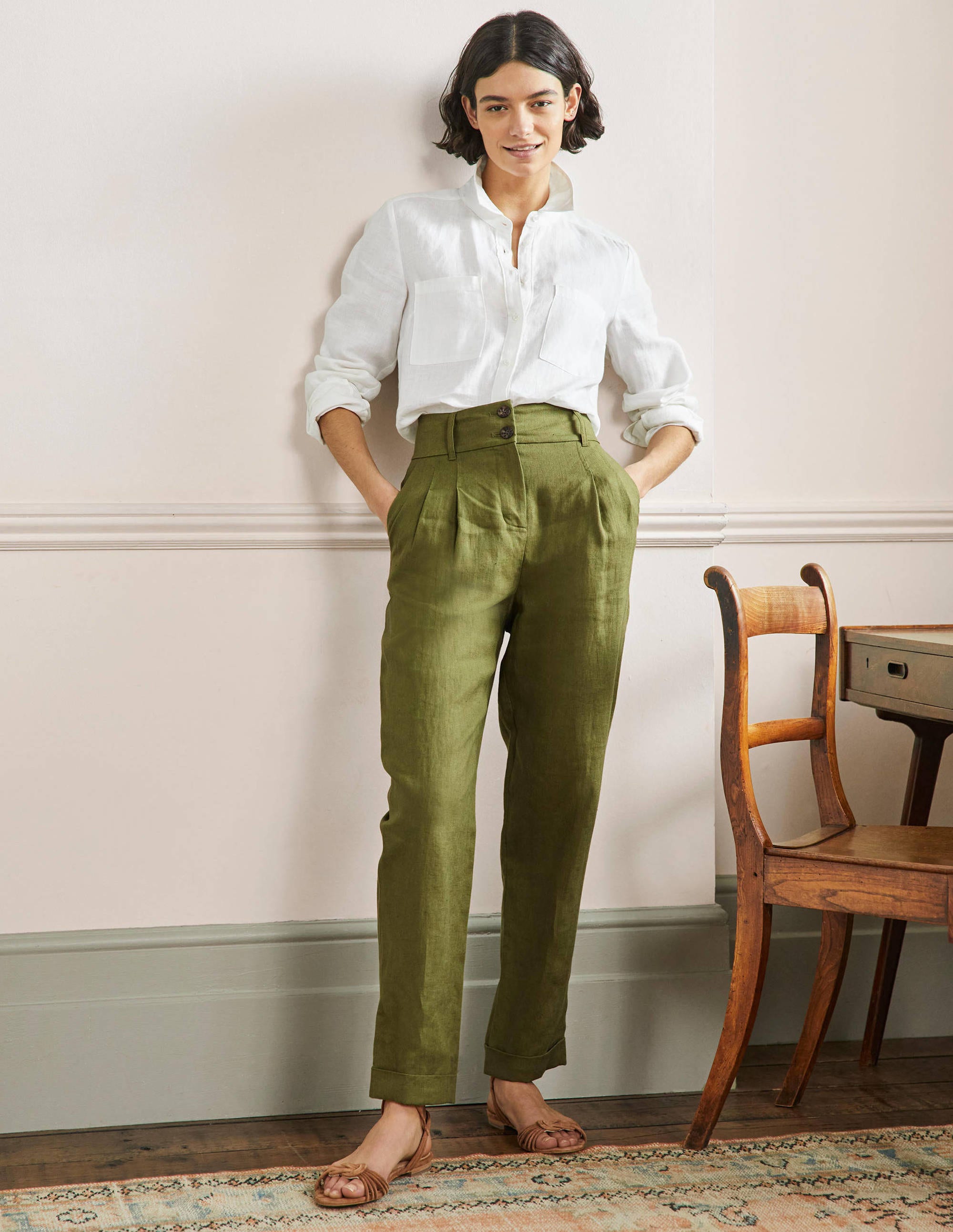 Pantalon à revers en lin-Vert petit pois - Image 1
