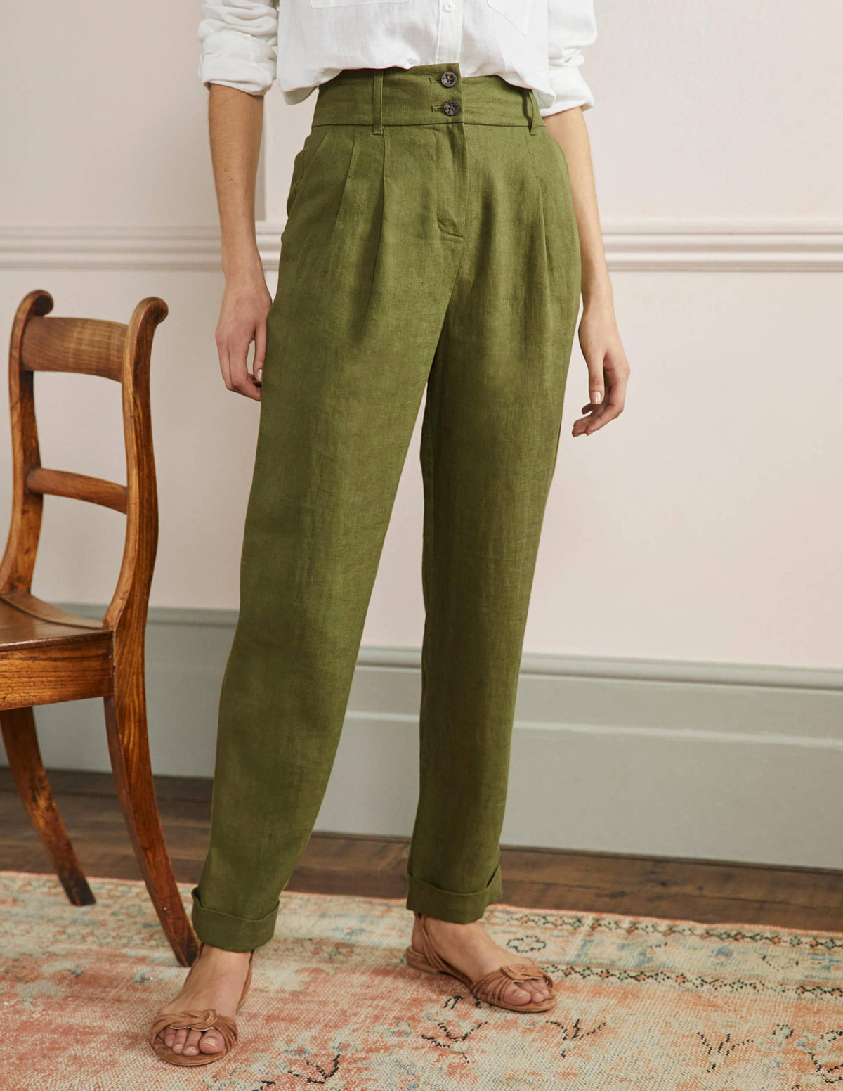 Pantalon à revers en lin-Vert petit pois-4