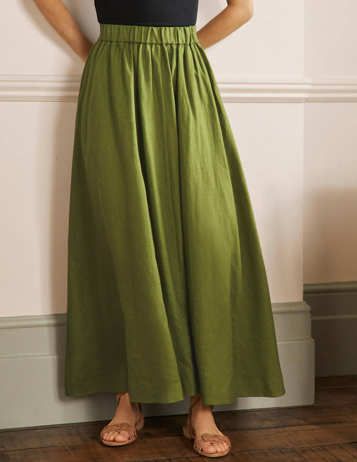 Pull-on Linen Maxi Skirt-Pea Green - Image 4
