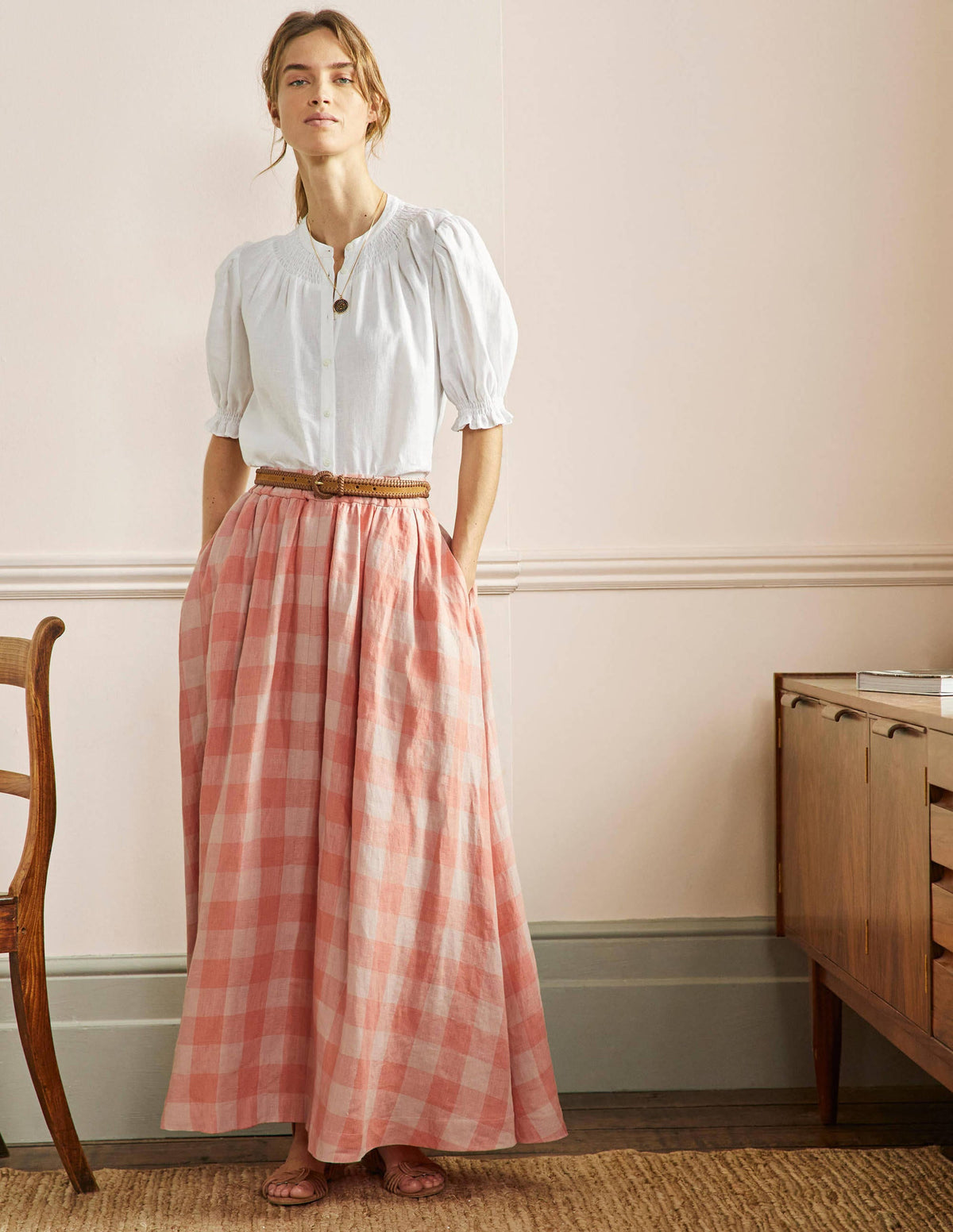 Pull-on Linen Maxi Skirt-Tonal Pink, Gingham-1
