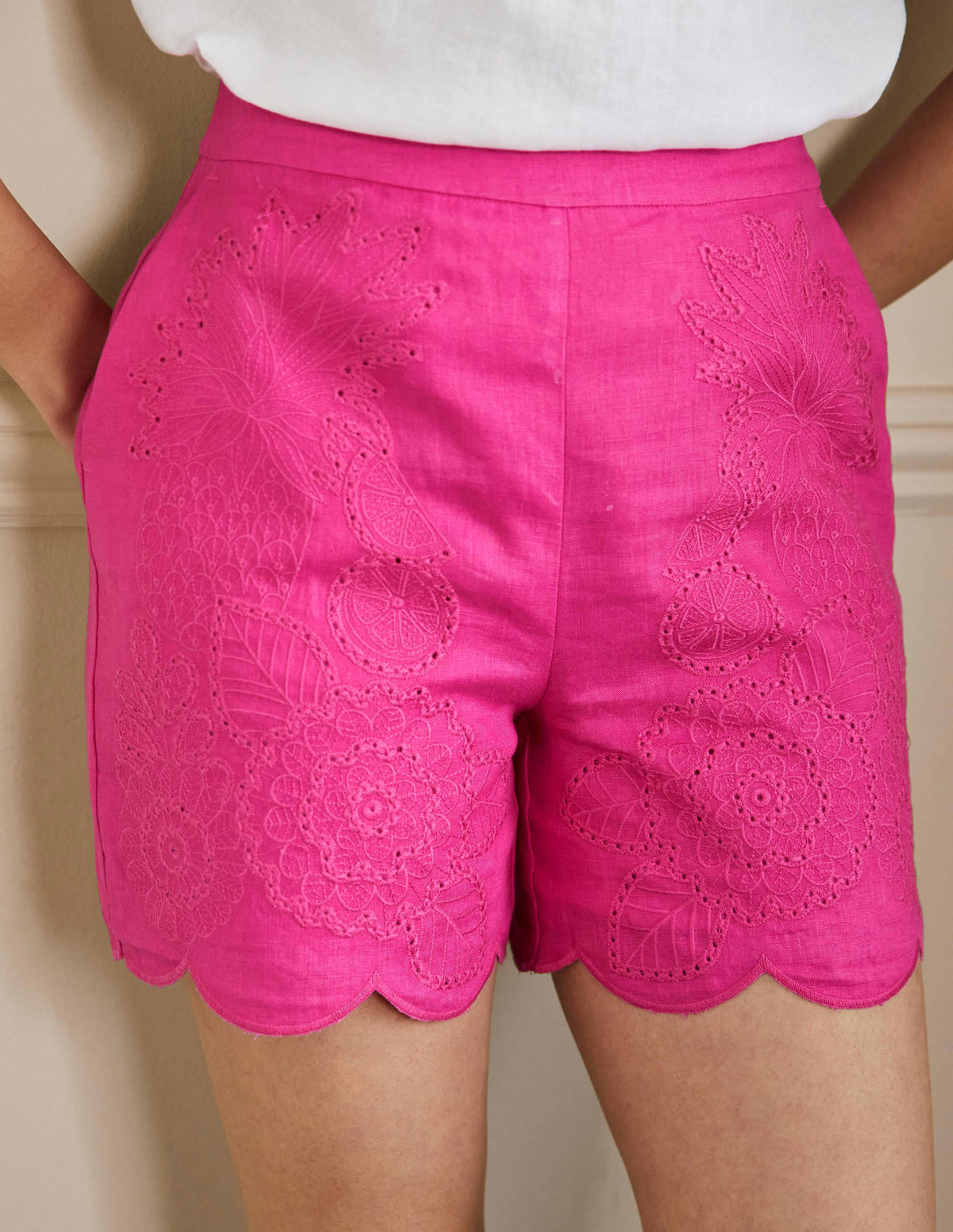 Tamsin Bestickte Shorts-Pink, Tropische Lochstickerei-2