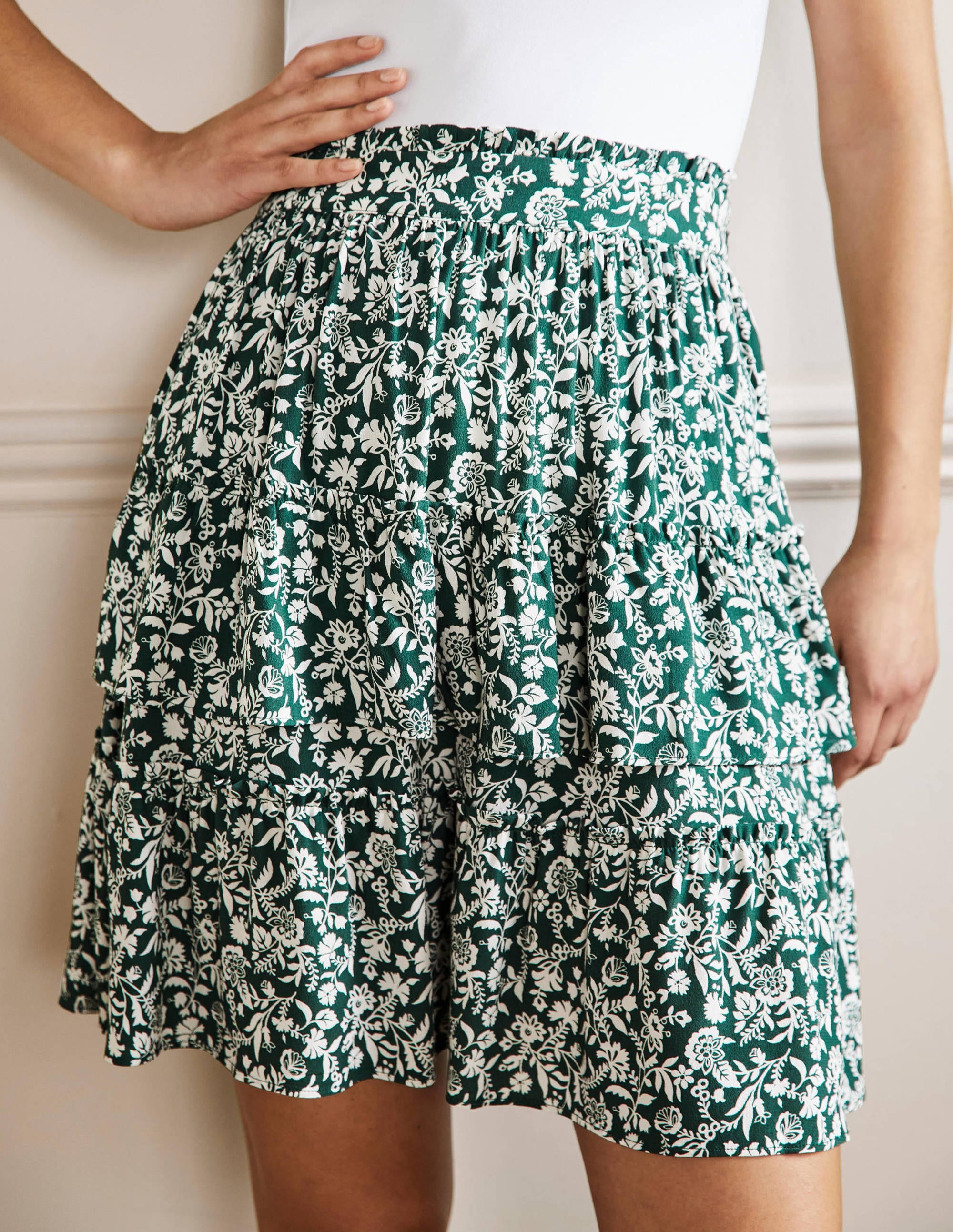 Multi Tiered Crepe Skirt-Trekking Green, Flora Charm - Image 4