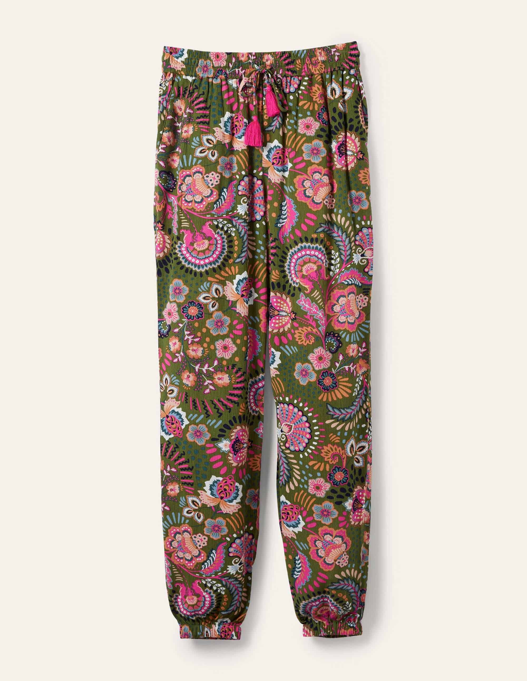 Schmal zulaufende Crinkle-Hose-Erbsengrün, Dekoratives Wiesenmuster - Image 5