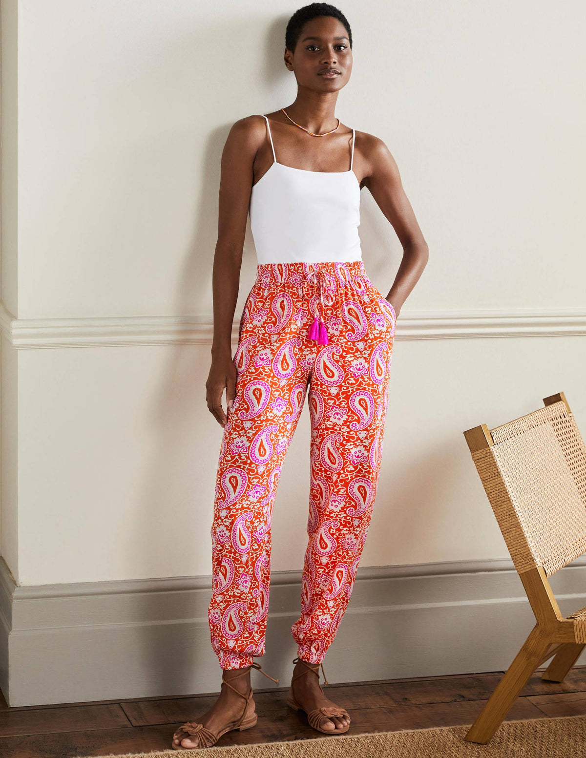 Crinkle Tapered Trousers-Papaya, Enchanting Paisley - Image 1