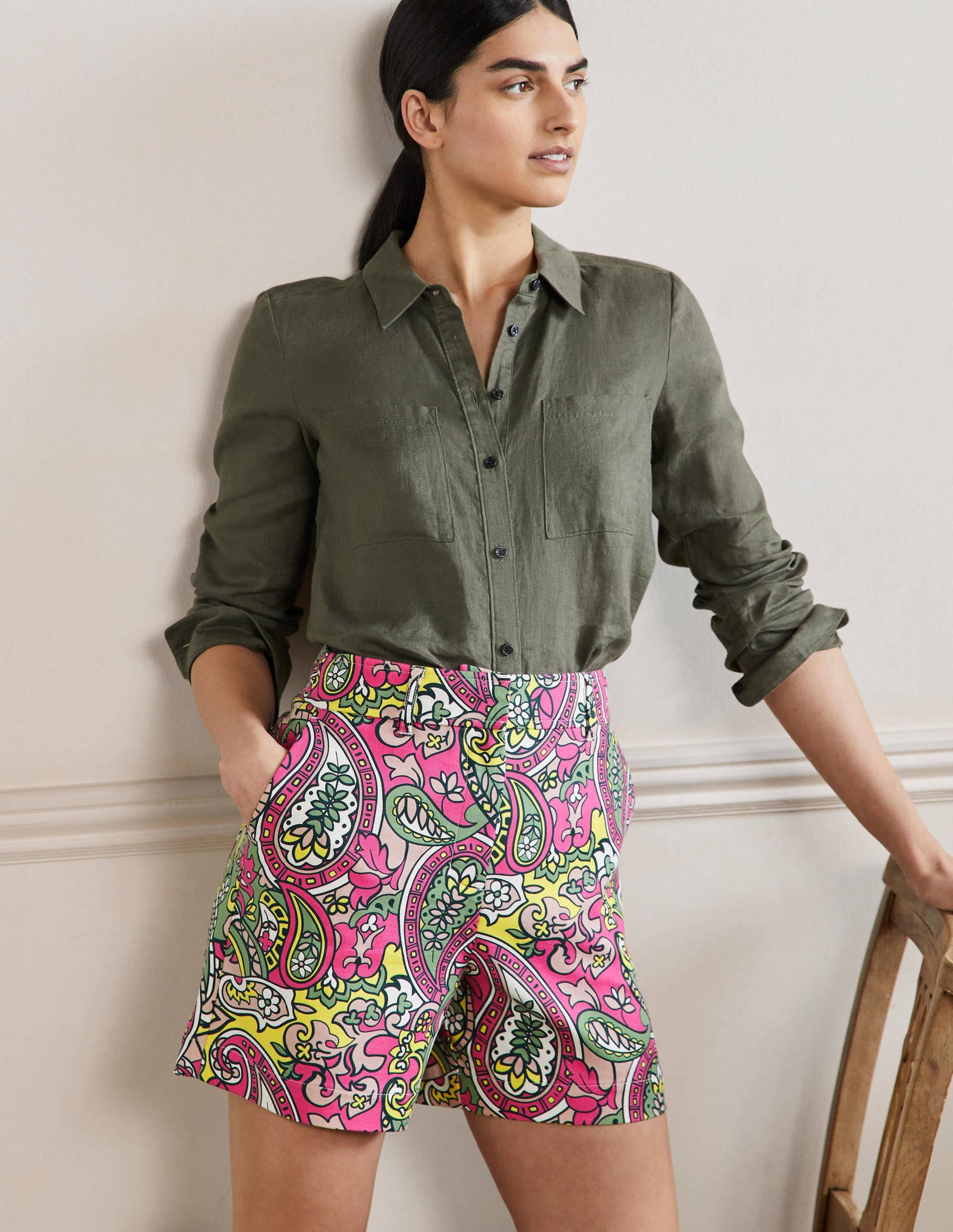 Short Carrie taille haute-Rose pop, motif cachemire-1