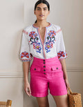 Short taille haute en lin-Rose fruits rouges