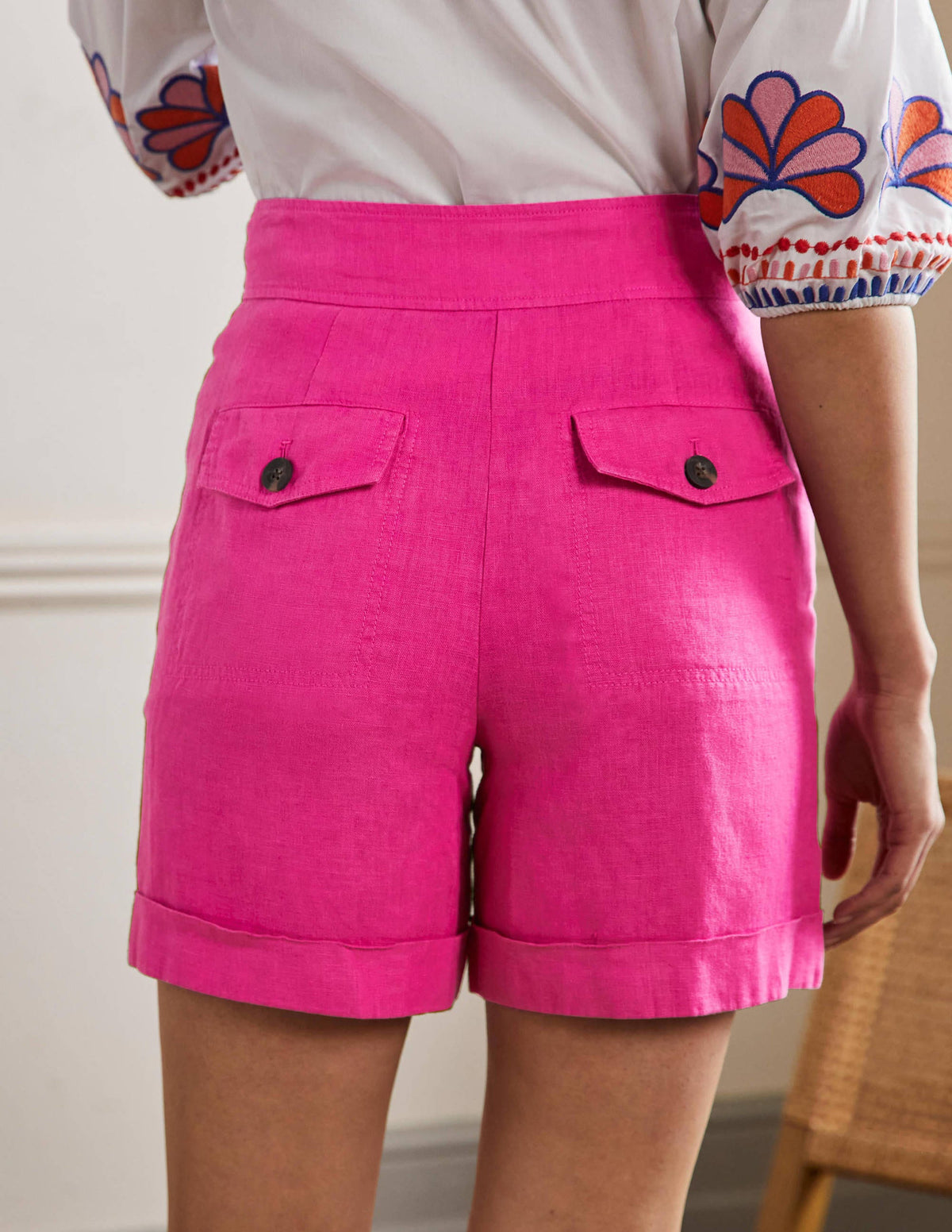 Short taille haute en lin-Rose fruits rouges-3