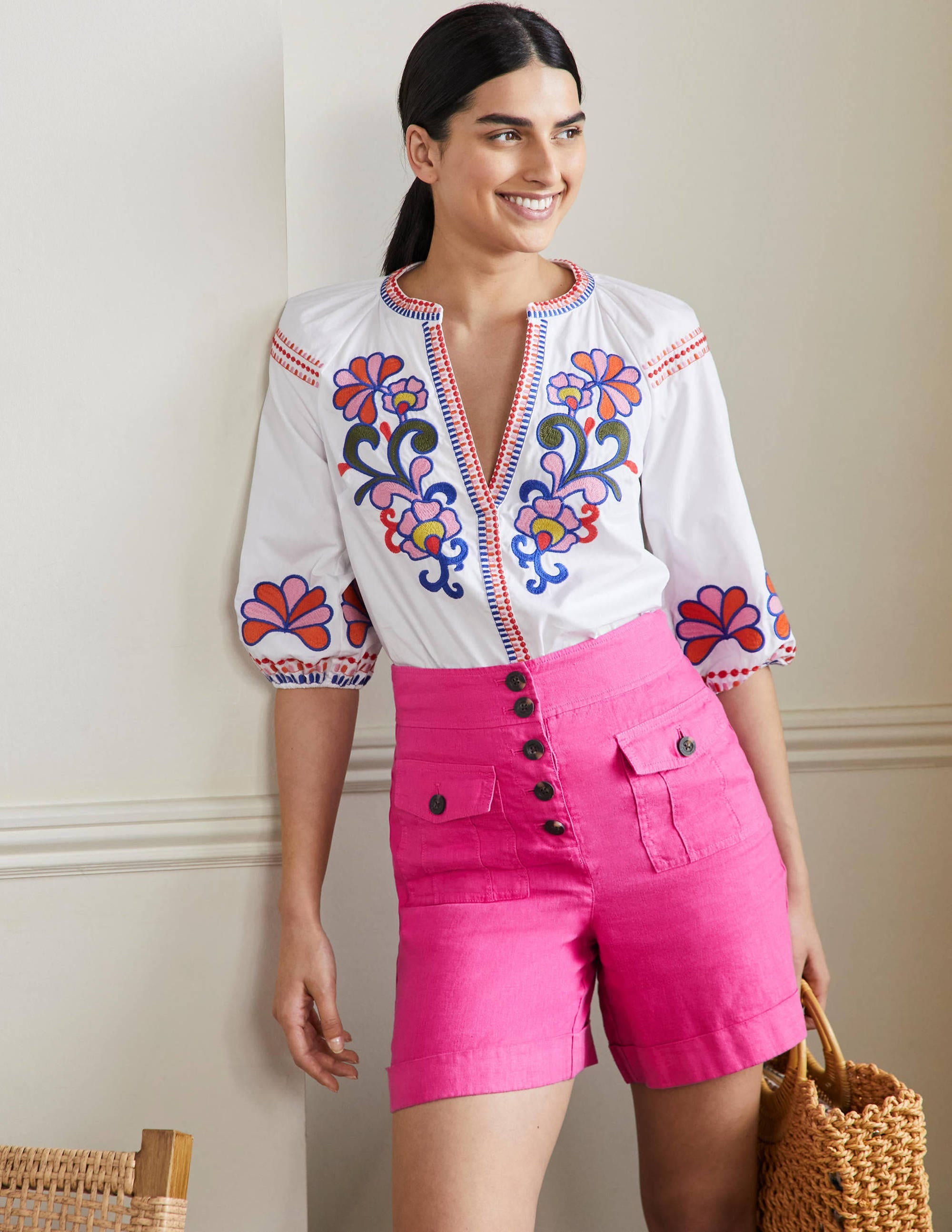 Short taille haute en lin-Rose fruits rouges - Image 5