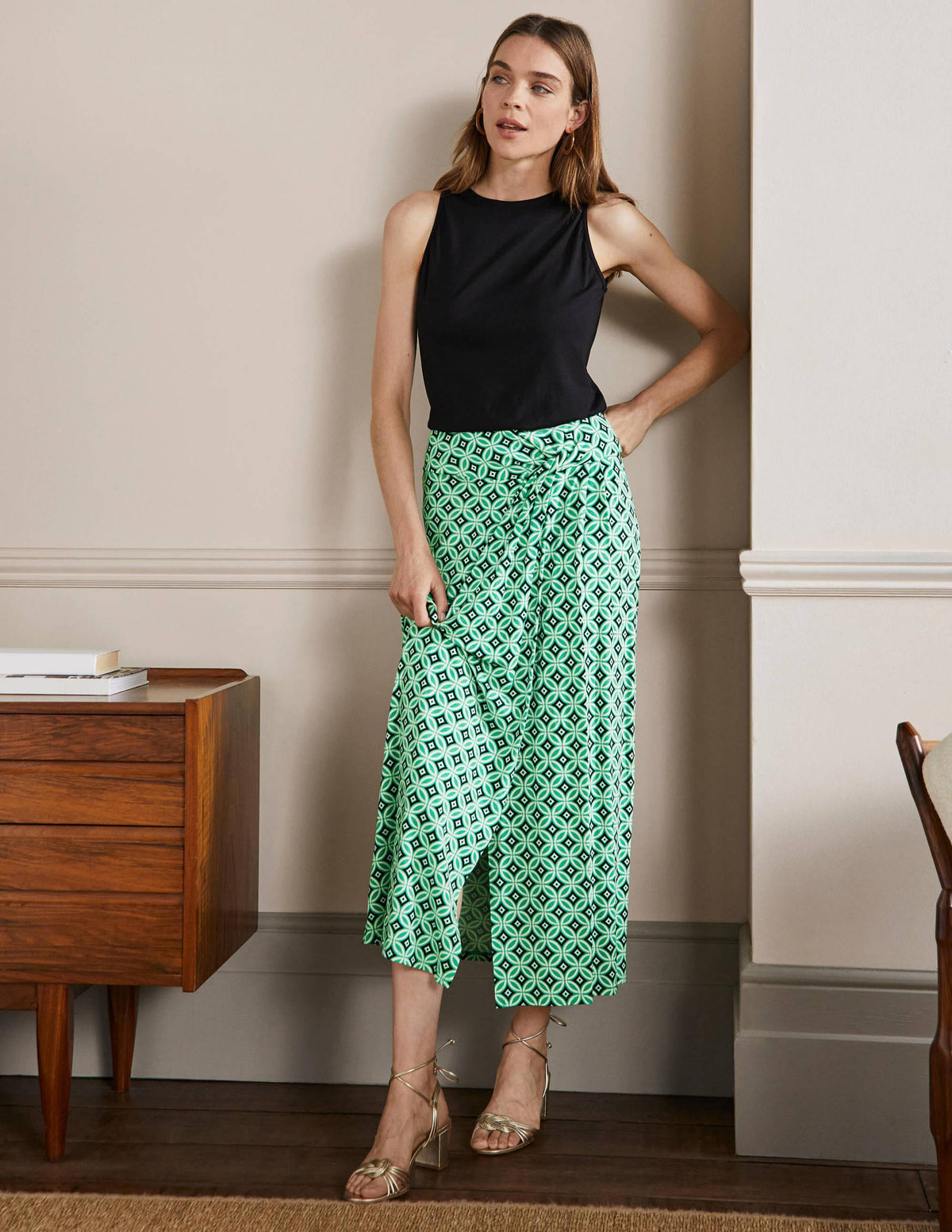 Knot Waist Jersey Midi Skirt-Green Lagoon, Diamond Trance - Image 1