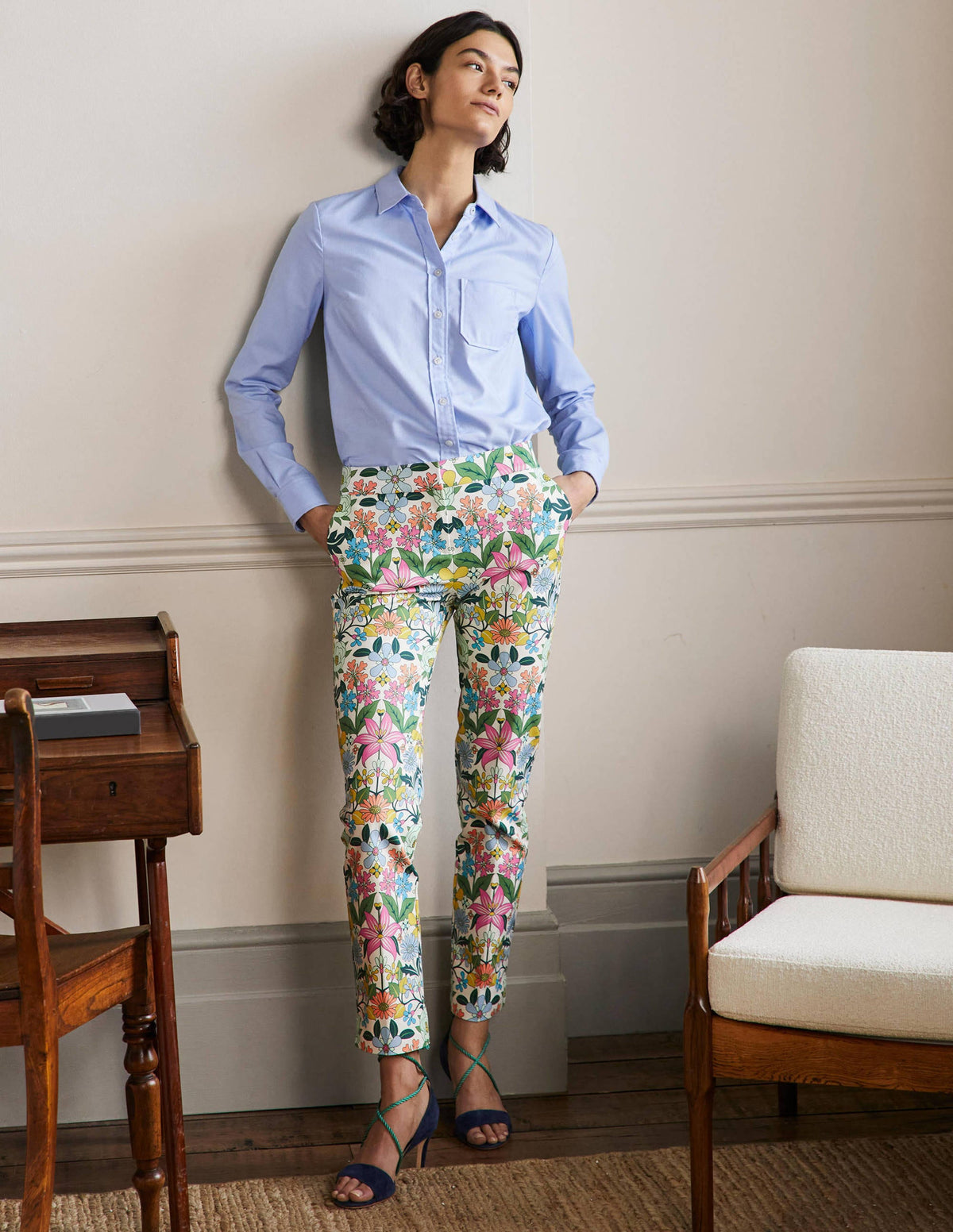 Richmond 7/8 Trouser-Ivory, Botanical Terrace - Image 1