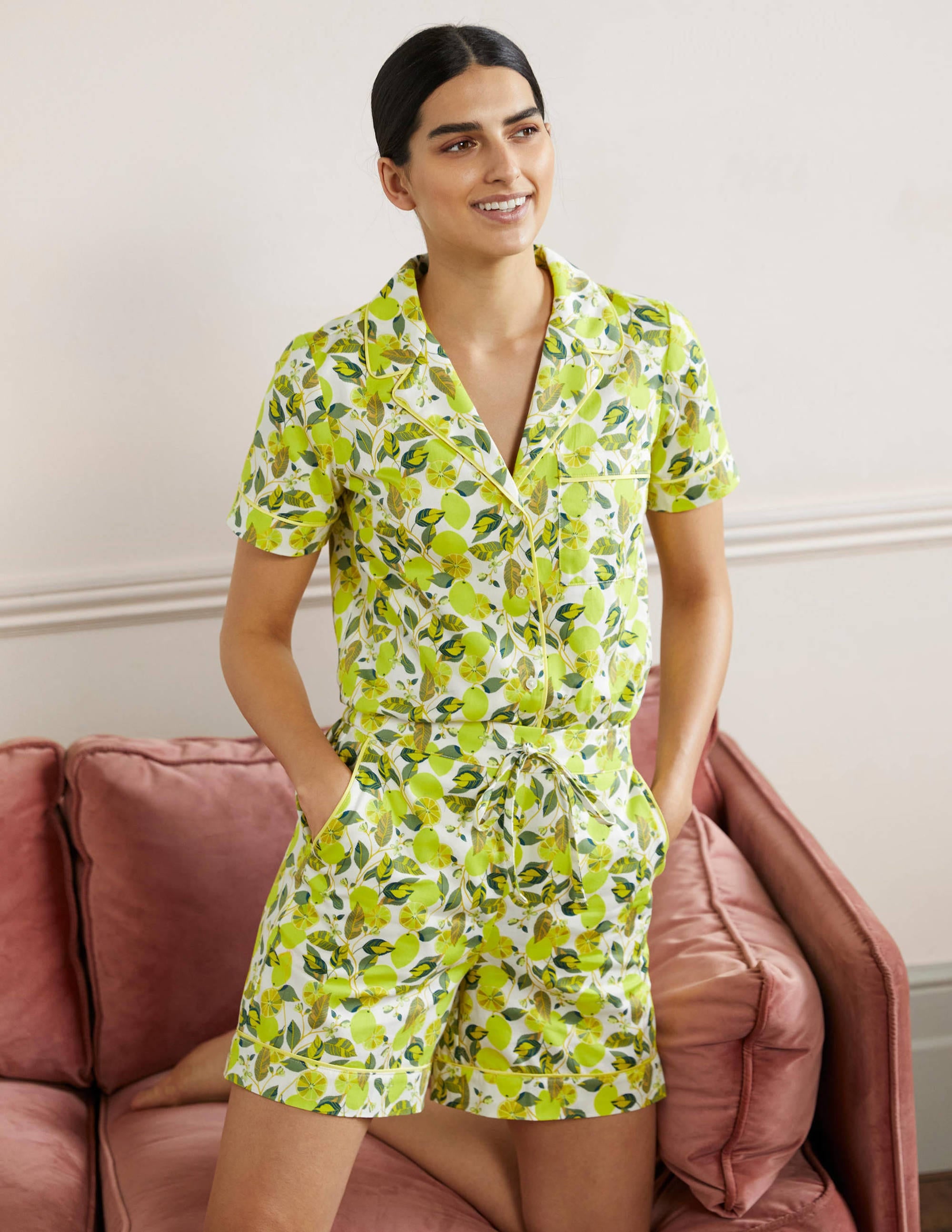 Short de pyjama simple en coton-Ivoire, citron grimpant - Image 1