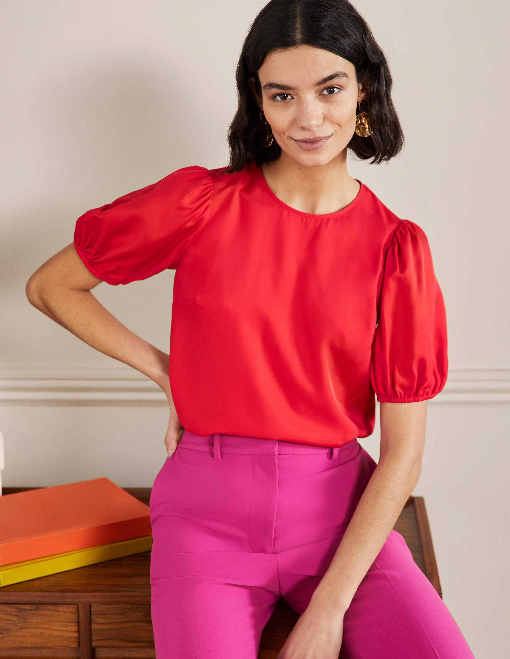 Top Adriana à manches bouffantes-Rouge feu - Image 1