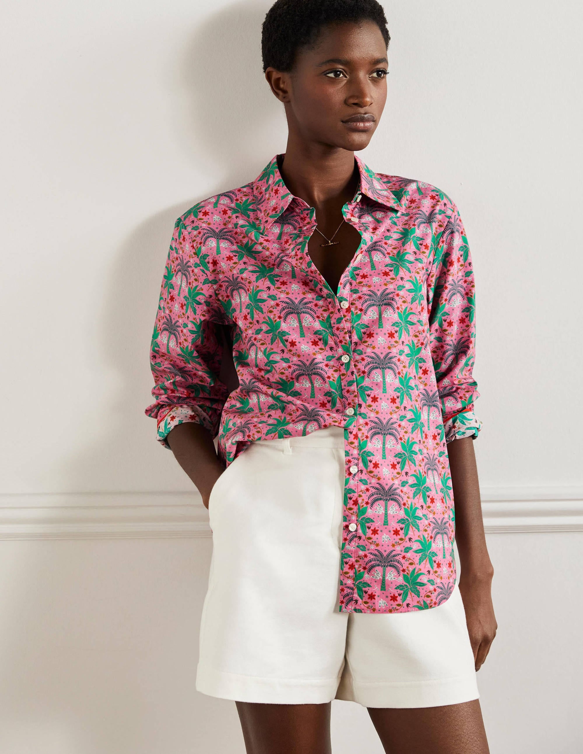 Lässiges Baumwollhemd-Blümchenrosa, Orientalisches Palmenmuster - Image 1