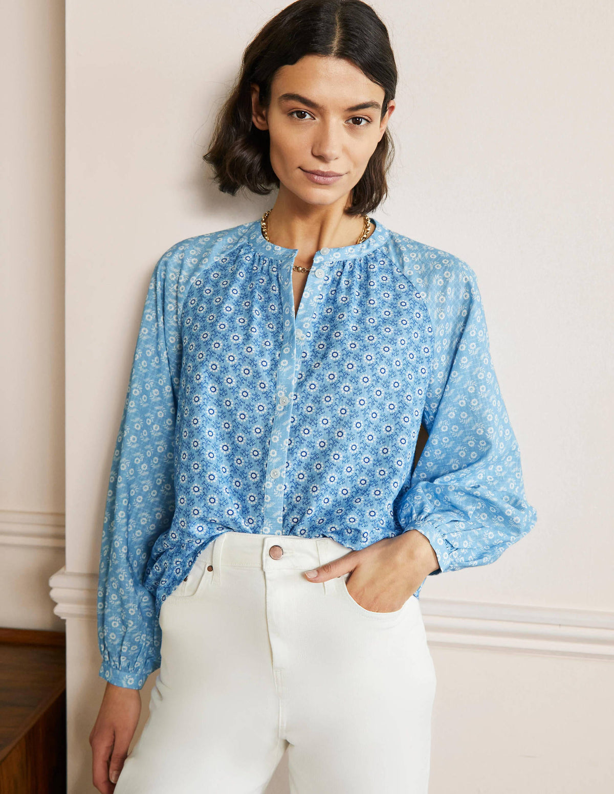 Raglanbluse mit langen Ärmeln-Graublau, Geometrisches Blumenmuster-1