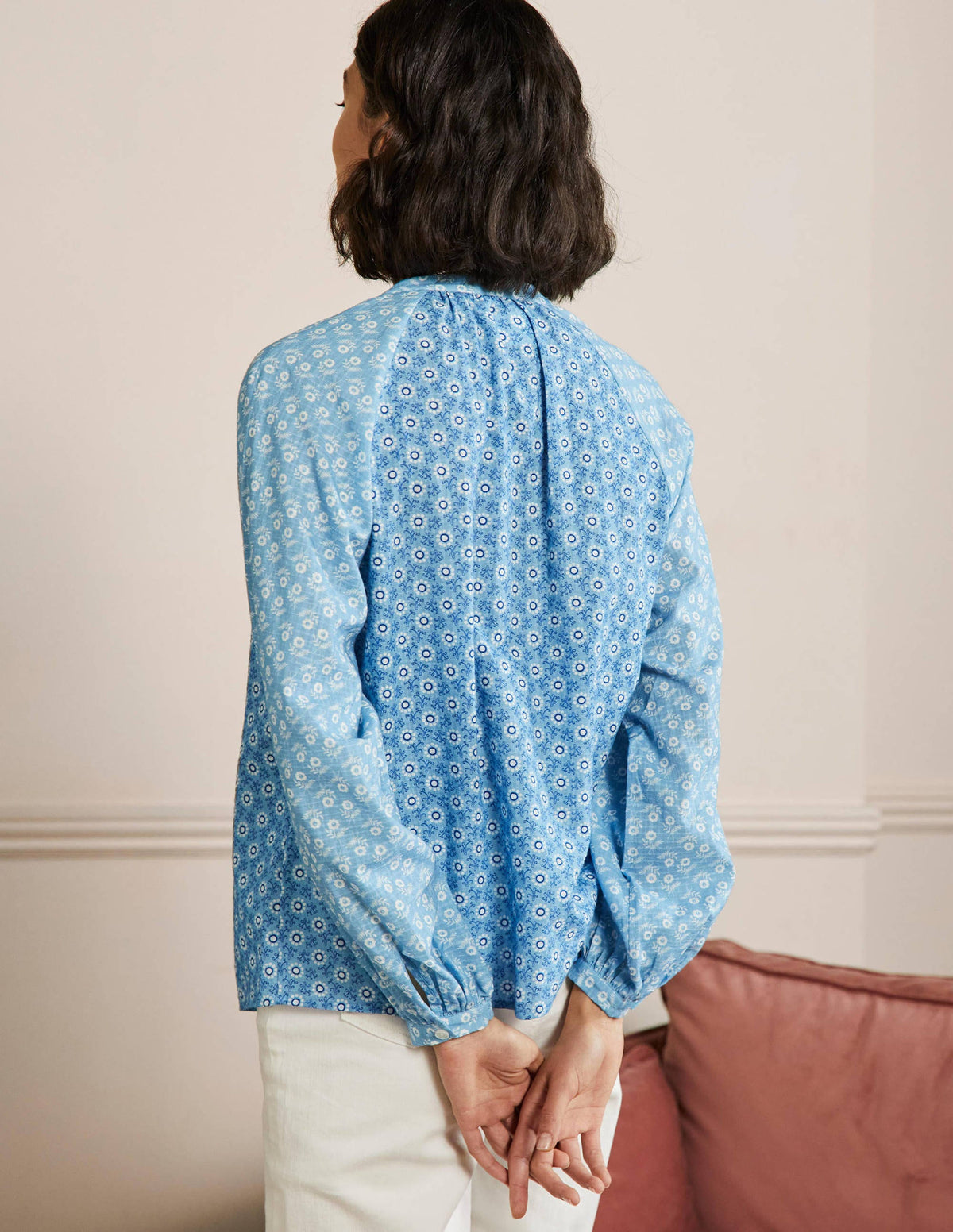 Raglanbluse mit langen Ärmeln-Graublau, Geometrisches Blumenmuster - Image 3