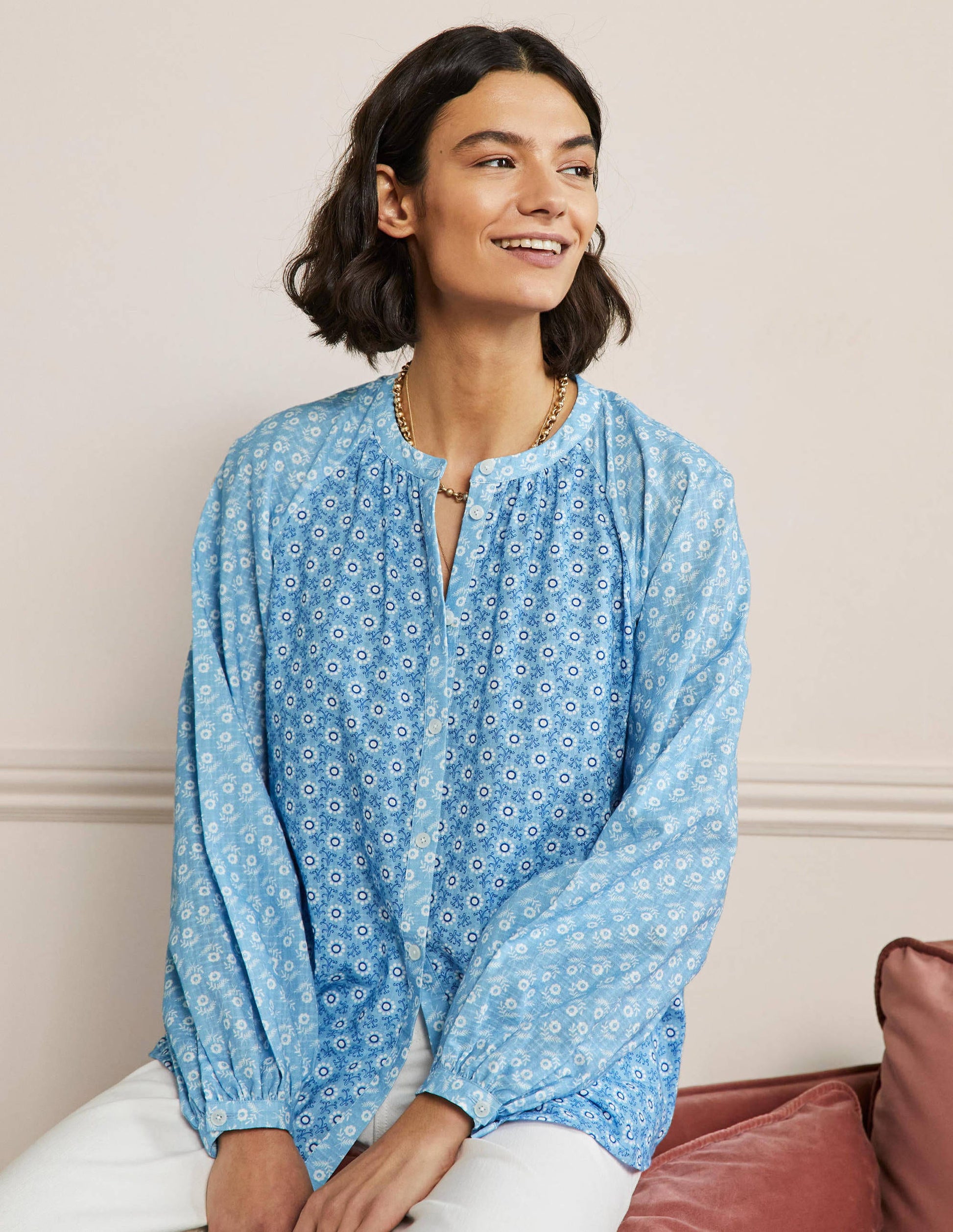 Raglanbluse mit langen Ärmeln-Graublau, Geometrisches Blumenmuster-4