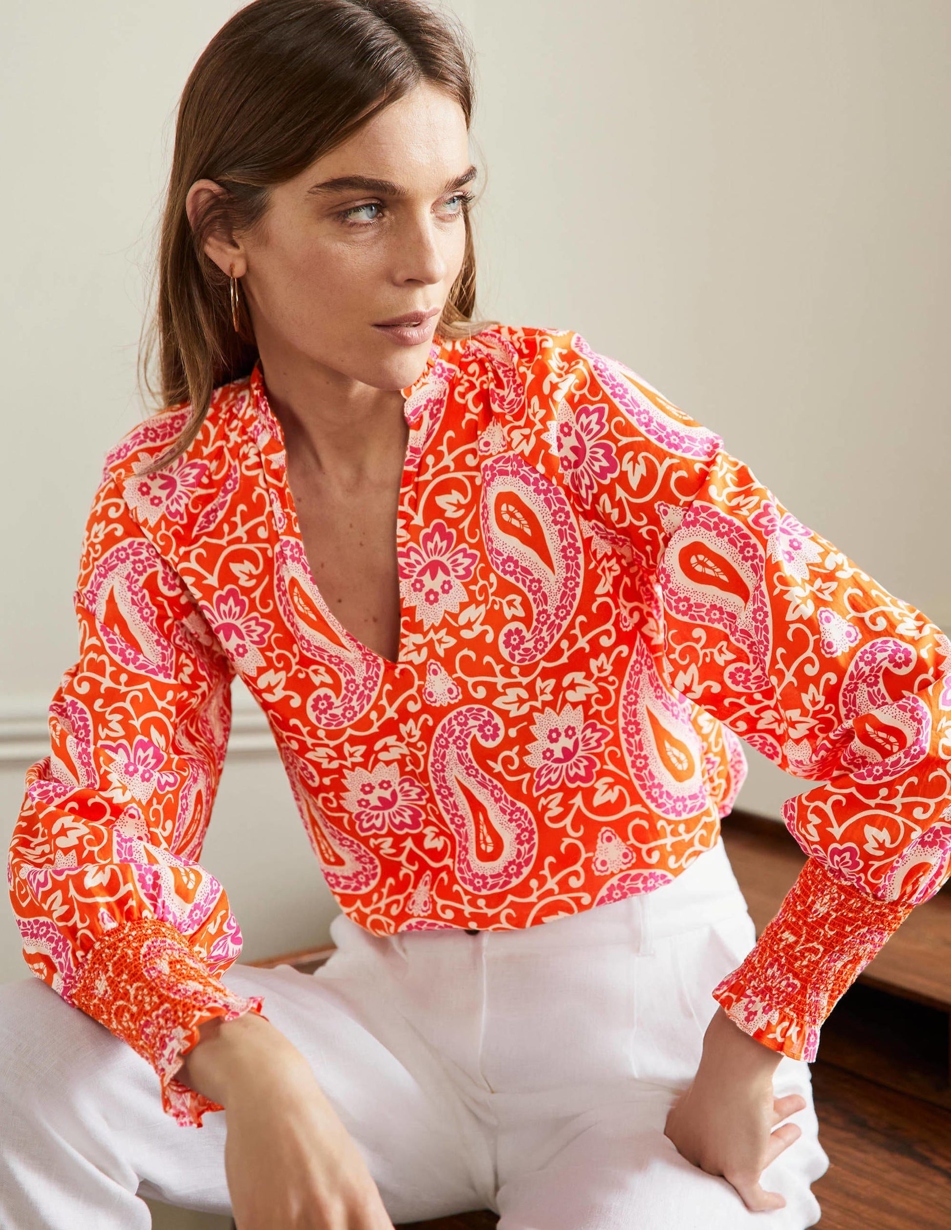 Top imprimé avec poignets à smocks-Papaye, motif Enchanting Paisley-1