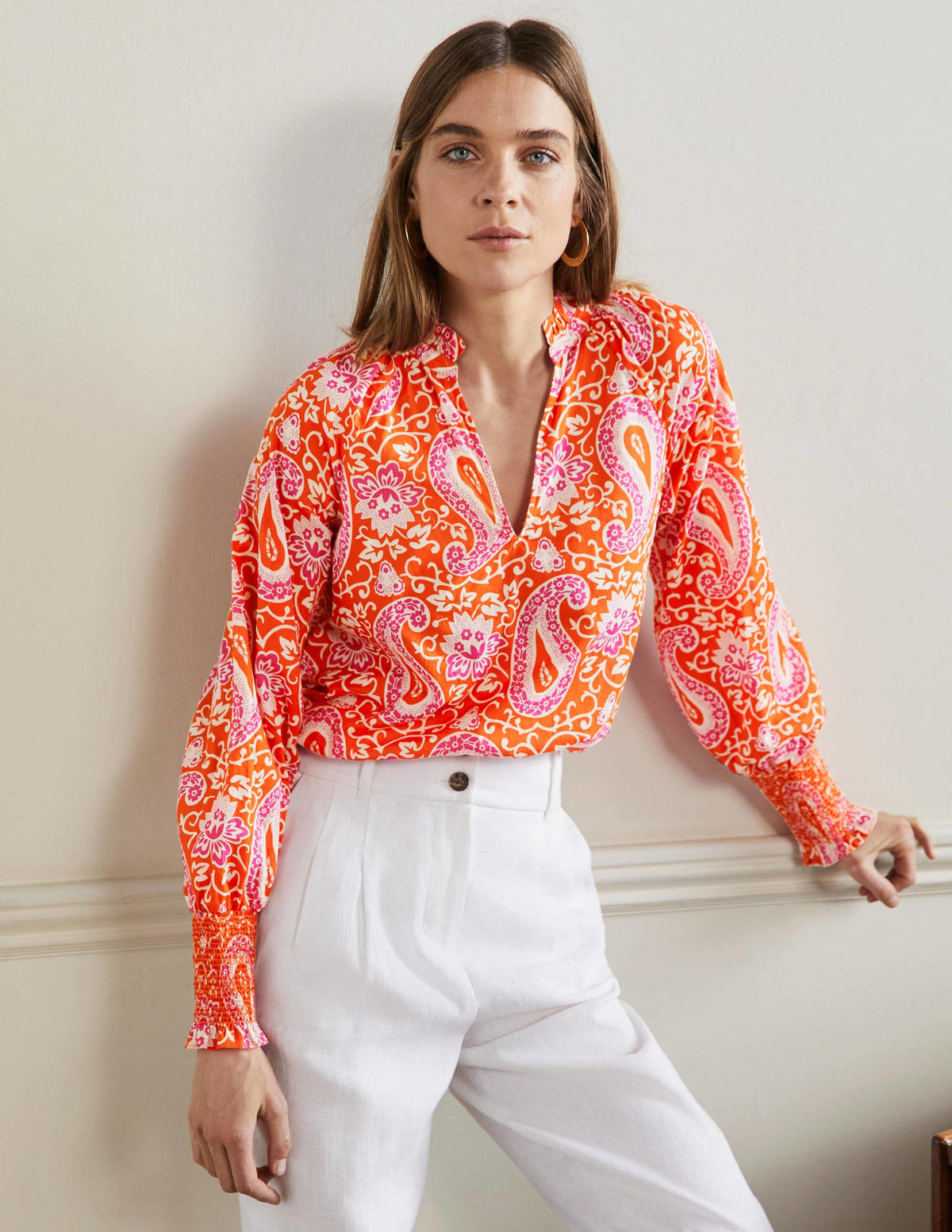 Top imprimé avec poignets à smocks-Papaye, motif Enchanting Paisley-5