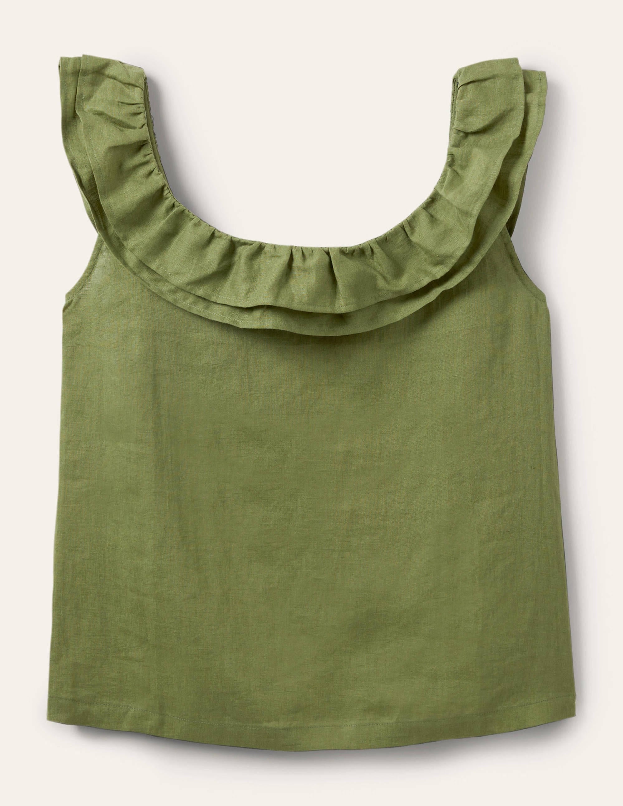 Sleeveless Ruffle Linen Top-Pea Green - Image 5
