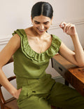 Sleeveless Ruffle Linen Top-Pea Green