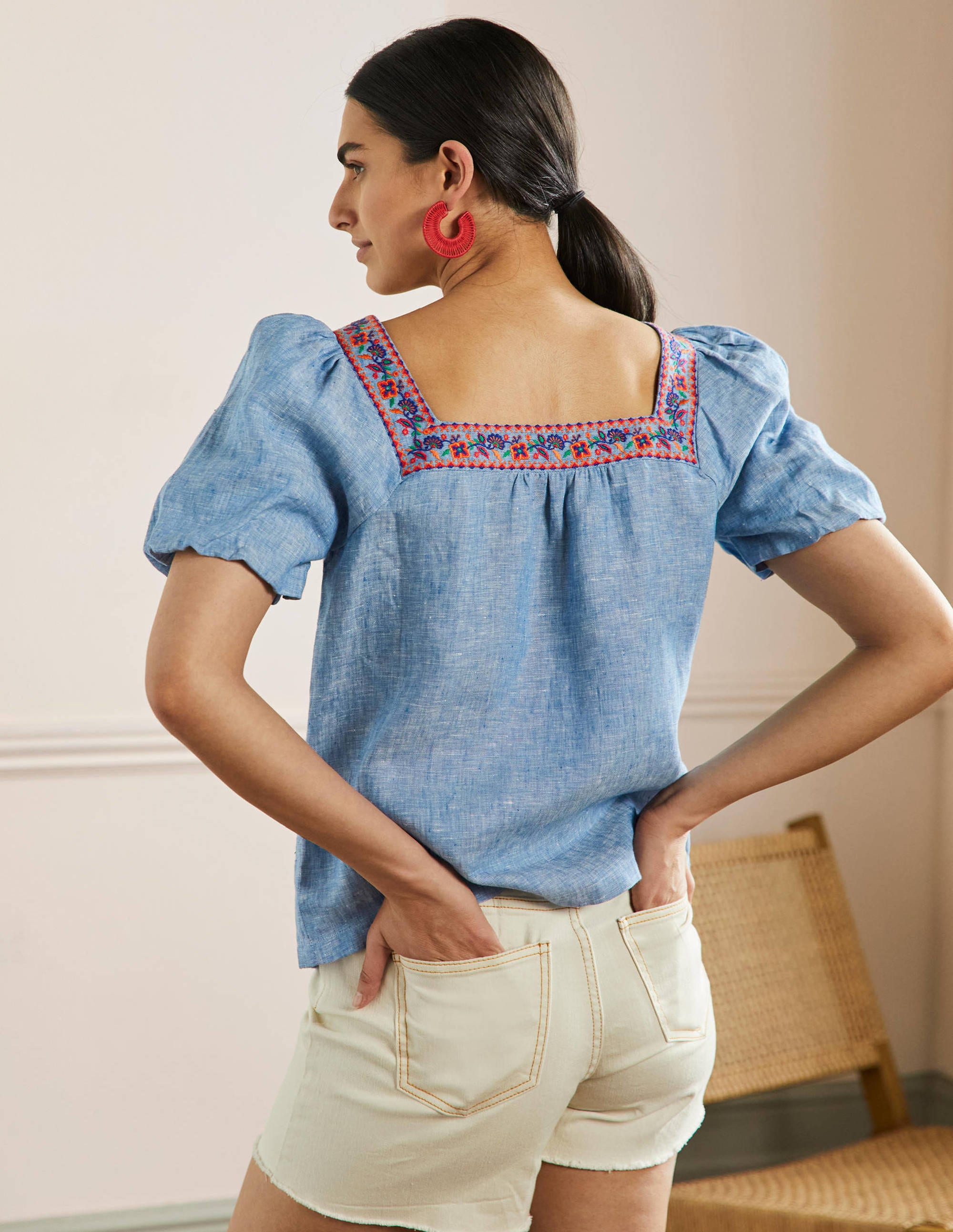 Square Neck Linen Top-Chambray - Image 3