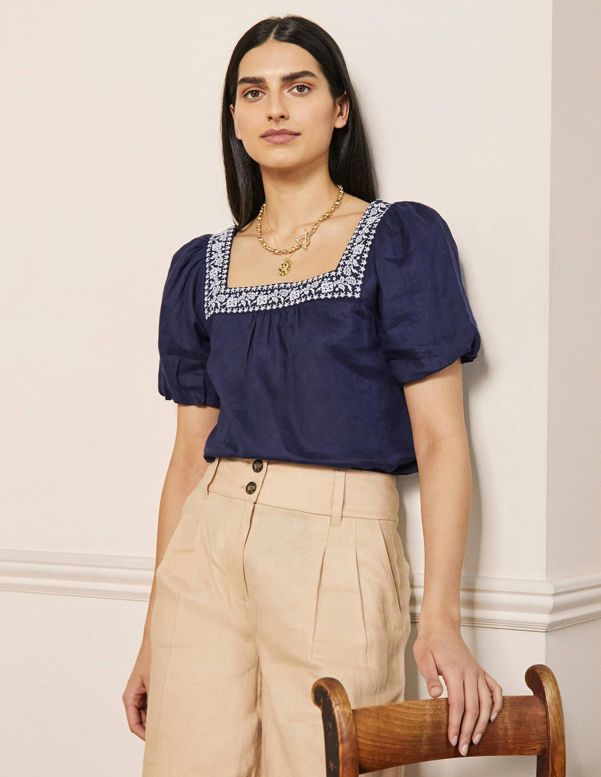 Leinenoberteil mit eckigem Ausschnitt-Navy, Stickerei-4