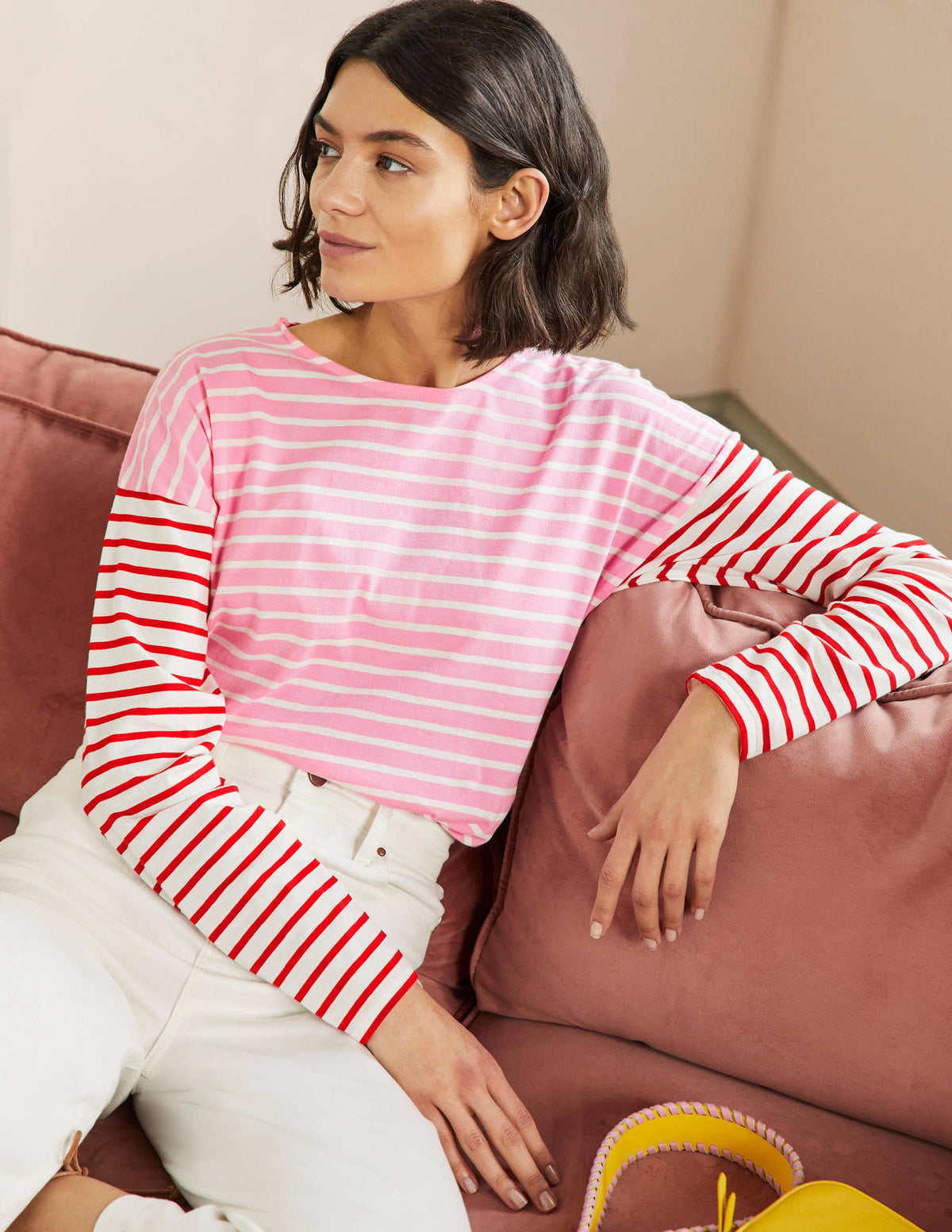 Bretonshirt mit überschnittenen Schultern-Tiefes Rosa/Naturweiß, Gestreift-1