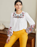 Besticktes Jerseyoberteil mit Blousonärmeln-Weiß