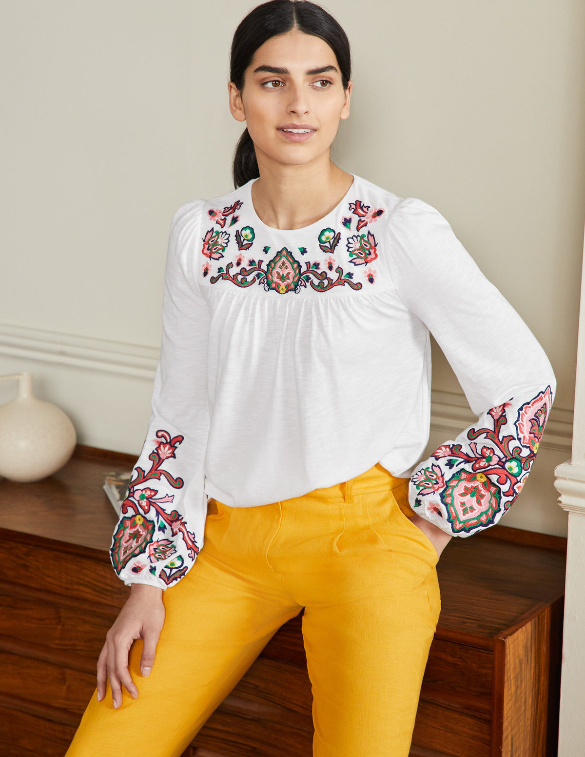 Besticktes Jerseyoberteil mit Blousonärmeln-Weiß - Image 1