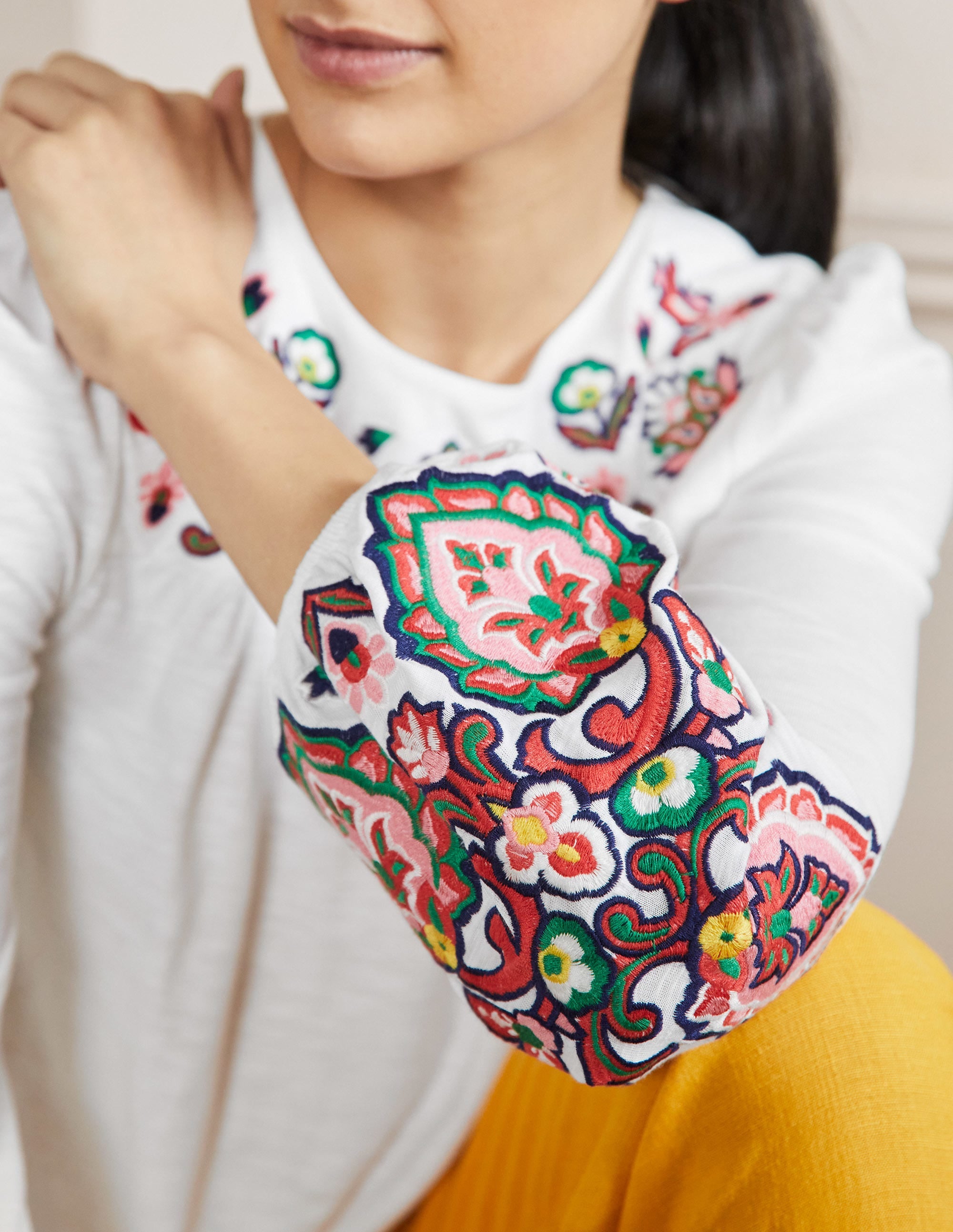 Besticktes Jerseyoberteil mit Blousonärmeln-Weiß - Image 2