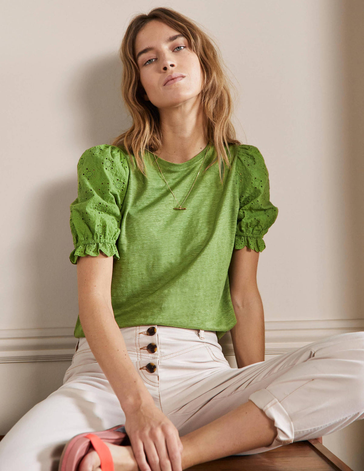 Broderie Sleeve Linen T-Shirt-English Ivy - Image 1